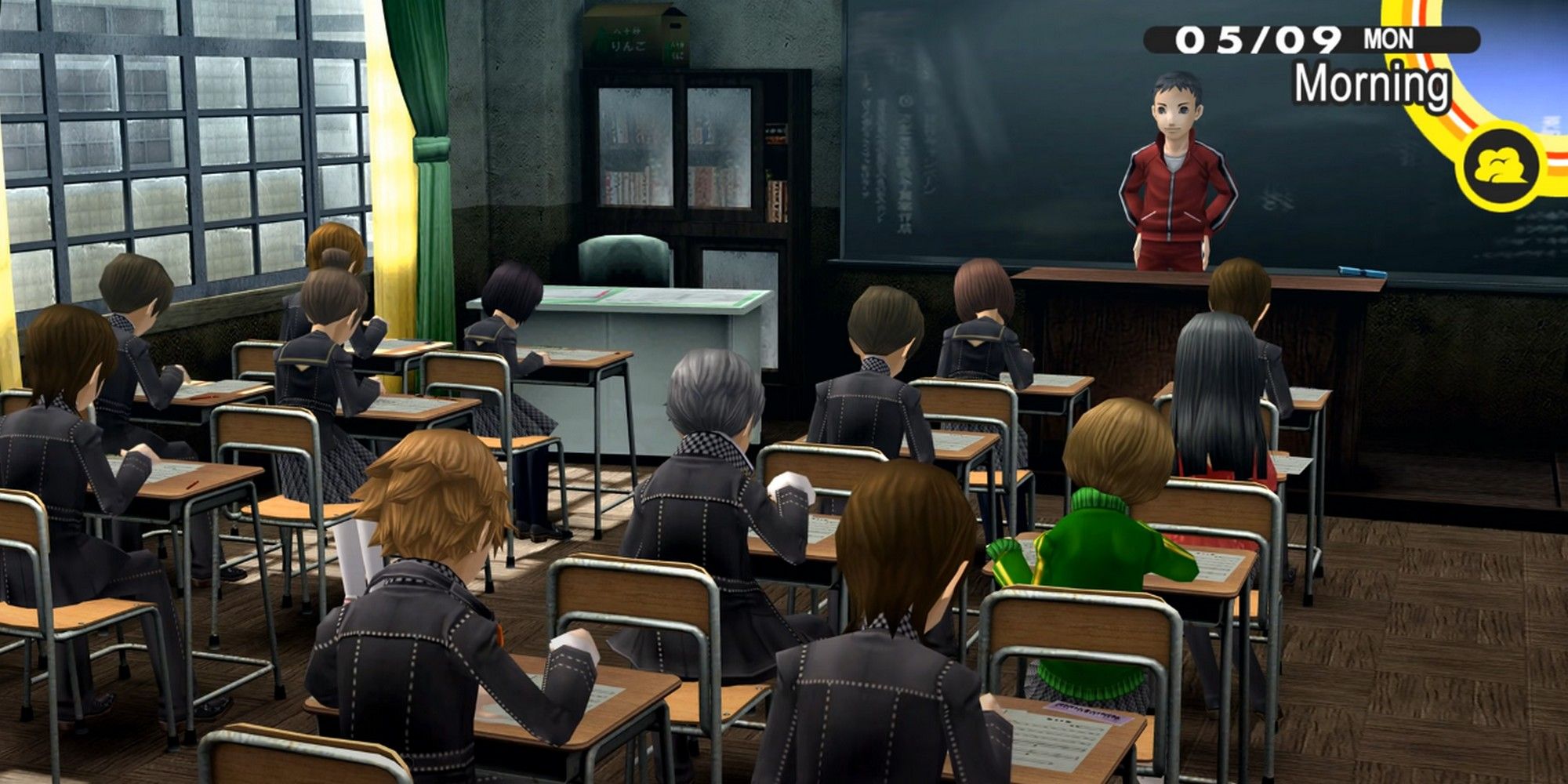 persona 4 golden yu, chie, yosuke, and yukiko in class taking their midterm exam