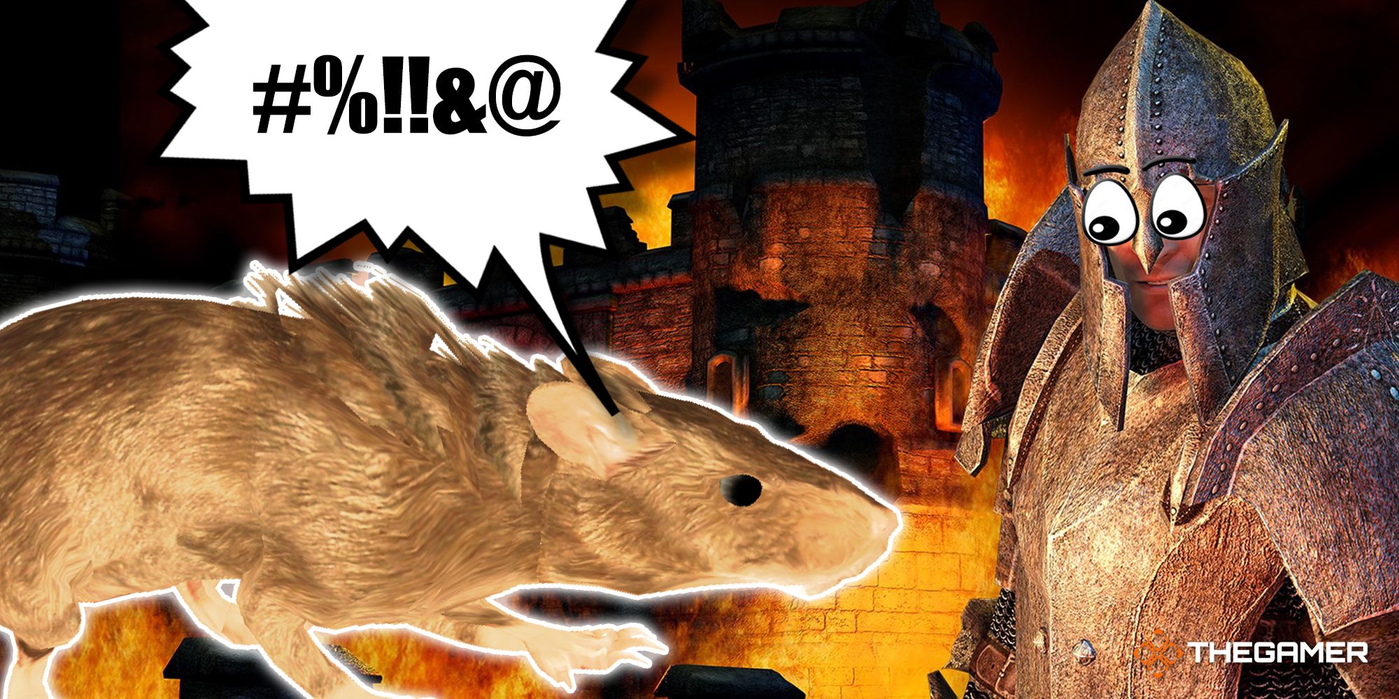 Image showing a sweary rat in front of background showing castle from Oblivion