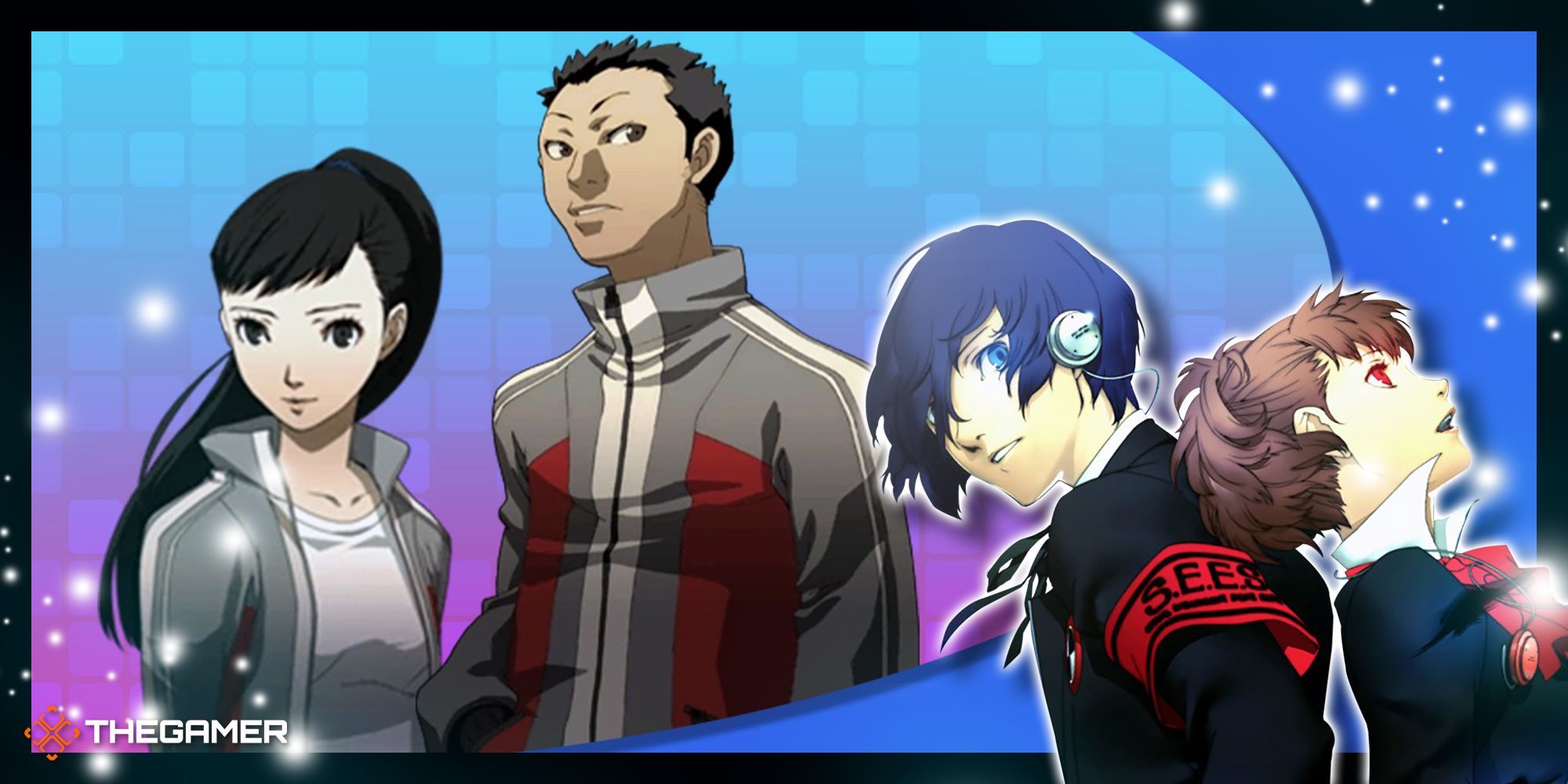 rio iwasaki and kazushi miyamoto with the male and female protagonists in persona 3 portable