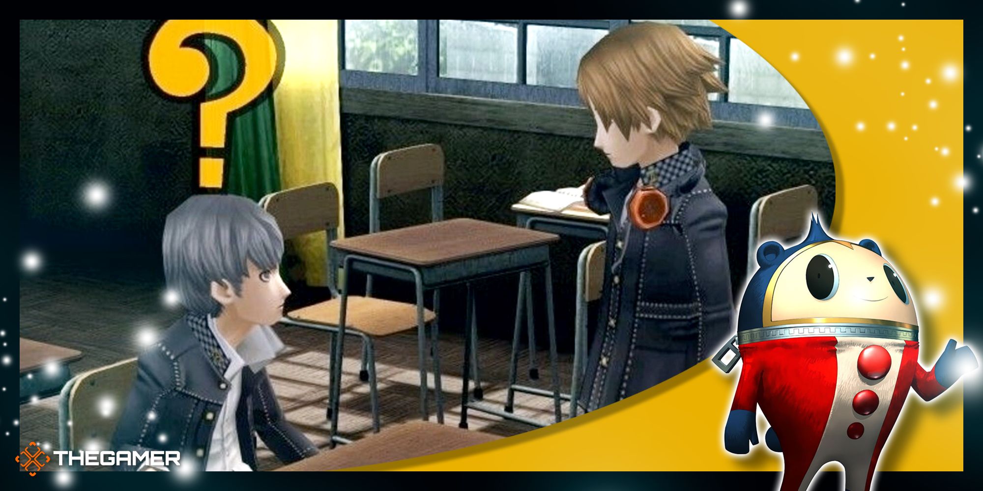 Persona 4 Golden - Yu and Yosuke talking in class with a Teddie overlay in the corner.