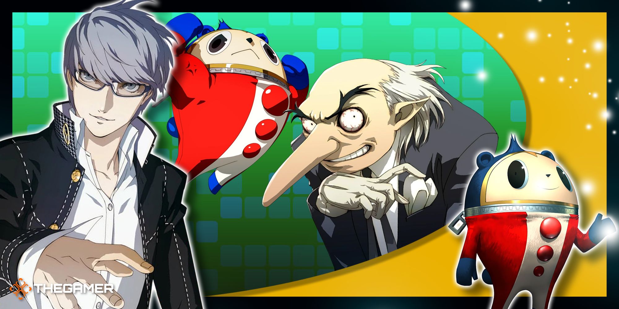 Persona 4 Golden - Collage of Yu, Teddie, and Igor.