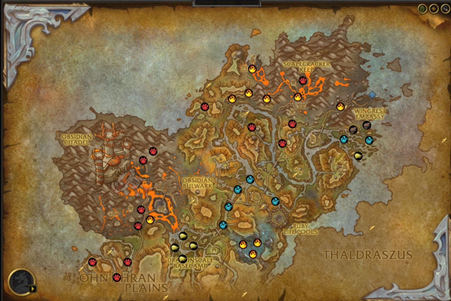In-game map depicting the Waking Shores with battle pet location icons.