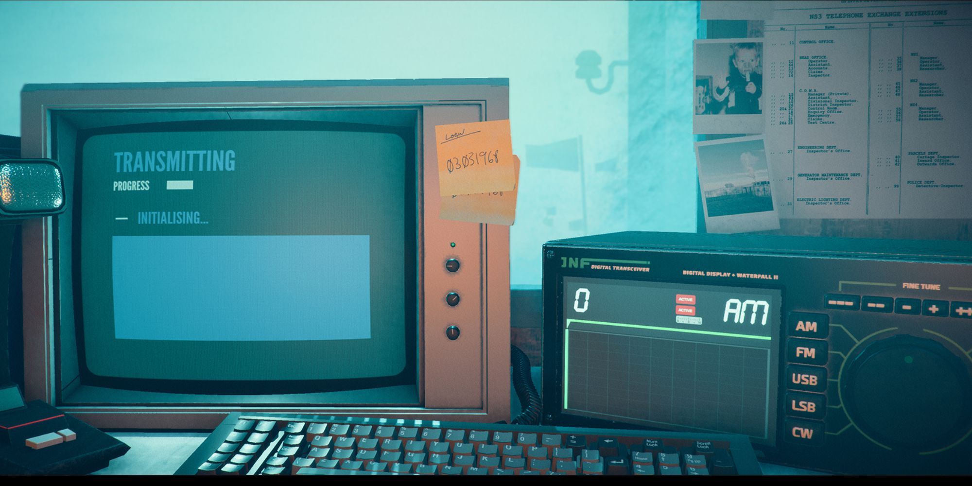 An old screen with a post-it note shows a transmission in progress while the digital transmitter is set to O AM