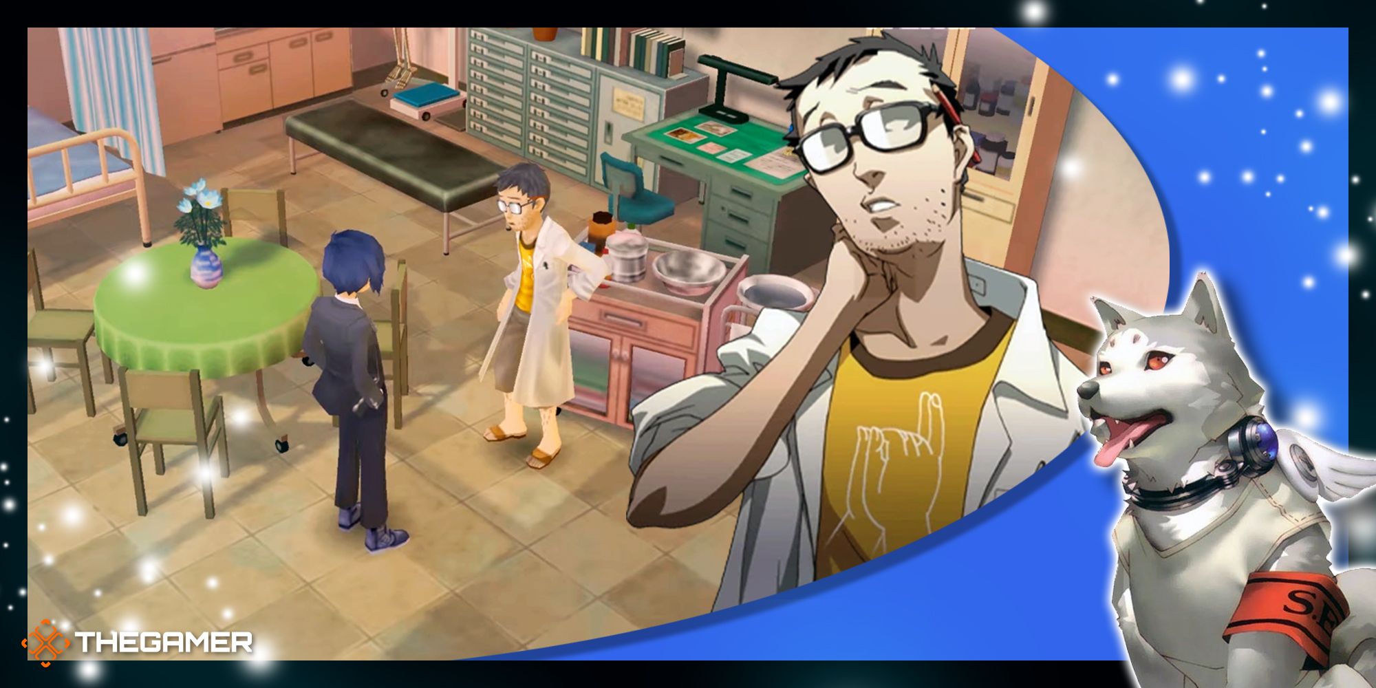 mr. edogawa and the male protagonist at the nurse's office at gekkoukan high in persona 3 portable