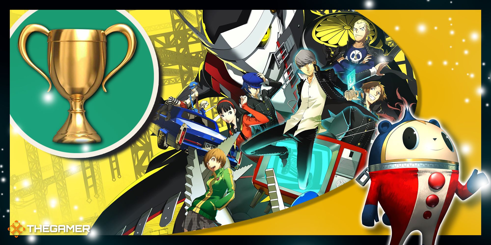 Persona 4 Golden promotional image of key artwork depicting the main characters, a Teddie overlay in the corner, and a trophy on the right.