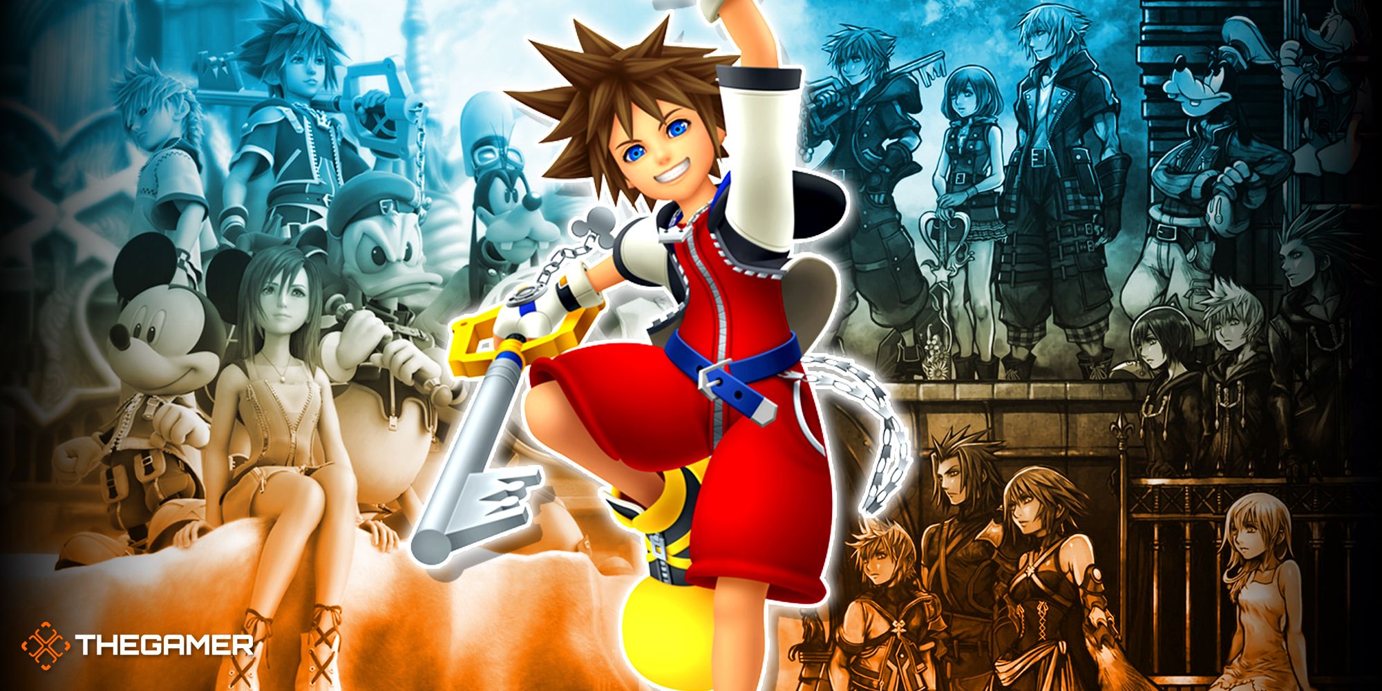 Sora in front a backdrop of several characters from Kingdom Hearts.