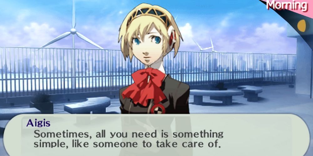 Aigis speaks to the protagonist on the rooftop during graduation day