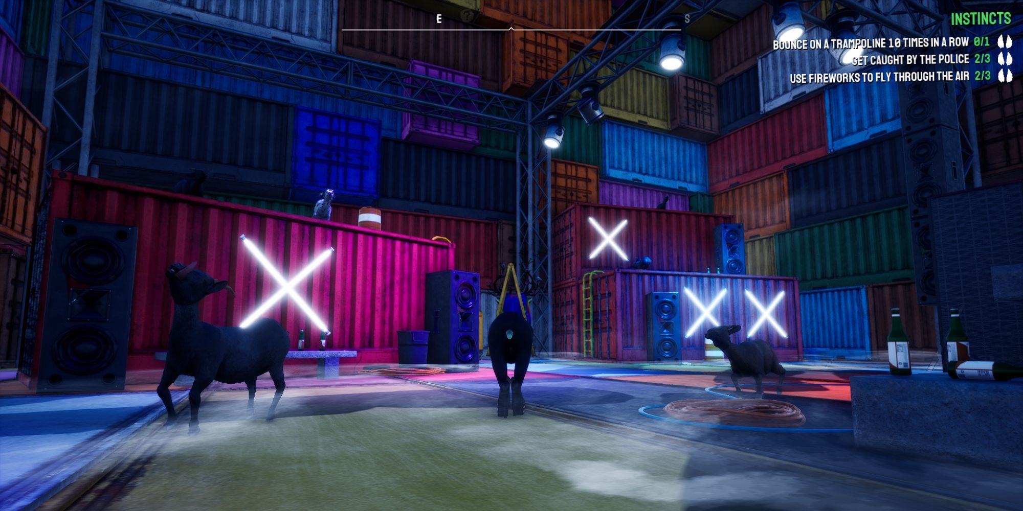 Piglor is surrounded by dancing goats inside Club Mohair, which is decked out with "X" LED lights and container units