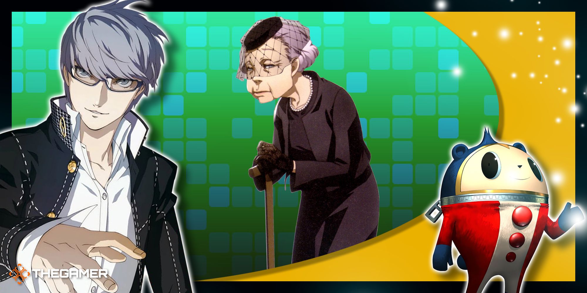 Persona 4 Golden - A collage of Yu, Hisano, and Teddie.