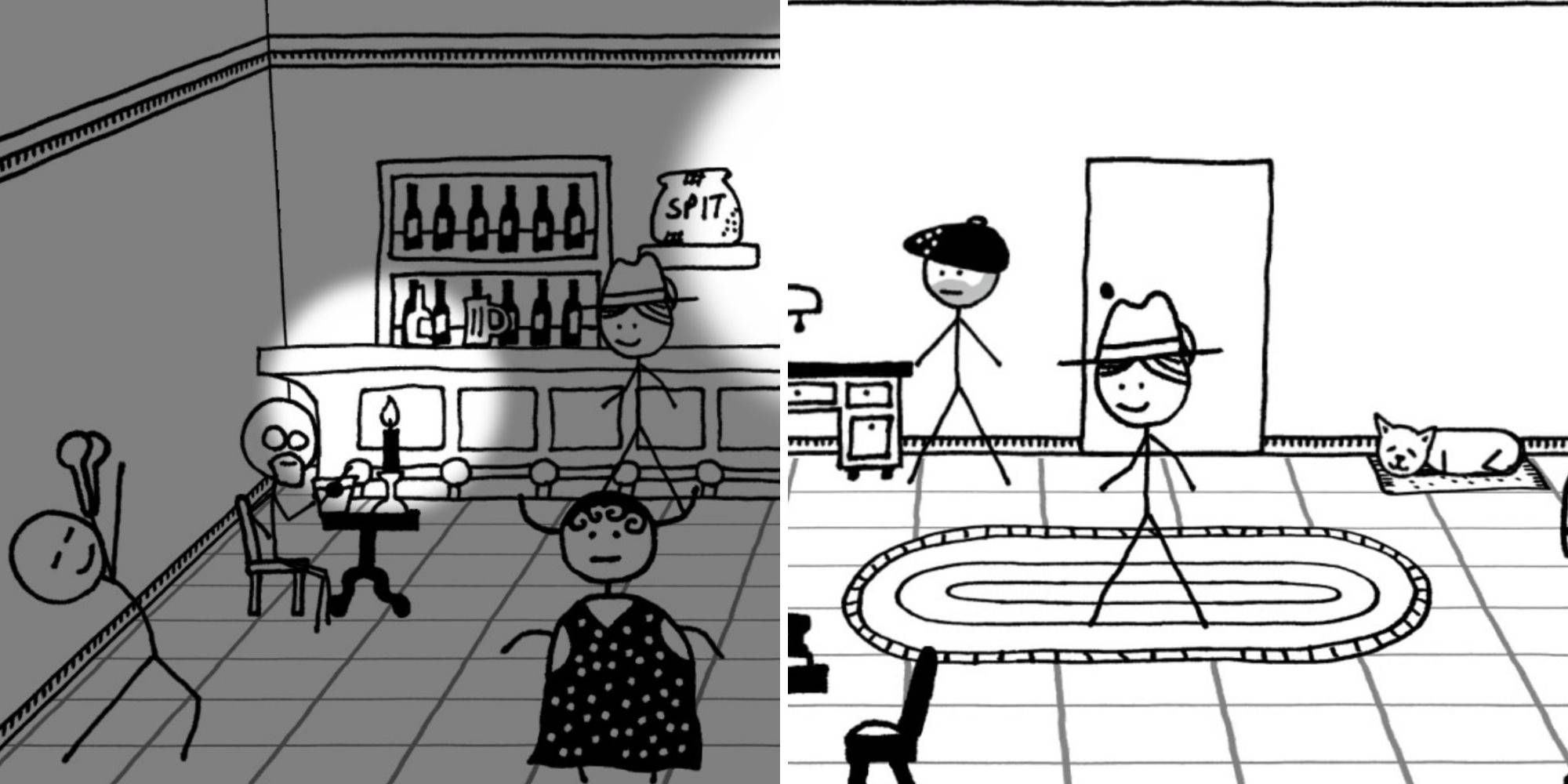 A bar scene featuring different patrons and characters at home in stick figure style from Shadows Over Loathing