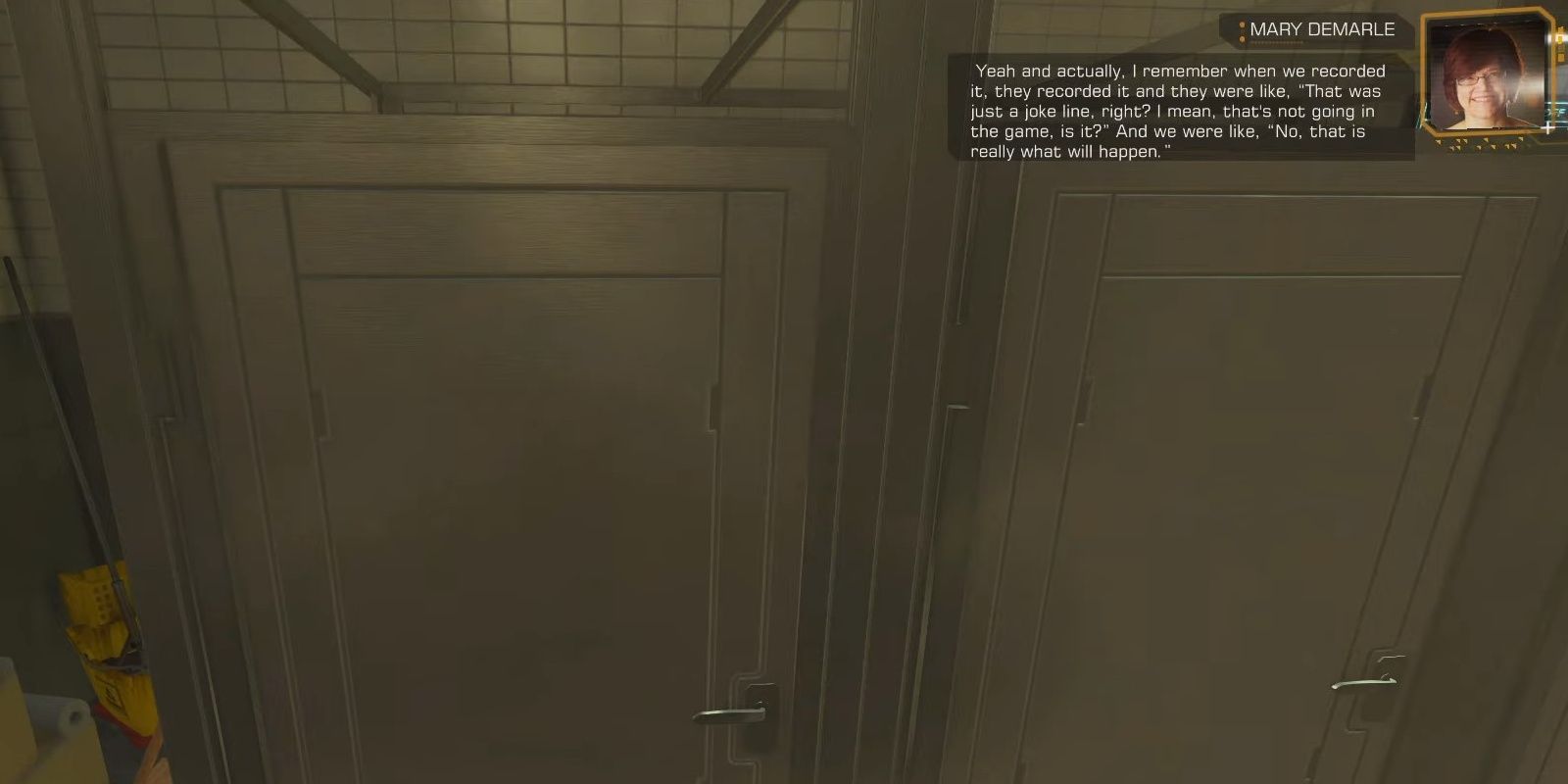A commentary node by Mary DeMarle in the bathroom in Deus Ex: Human Revolution.