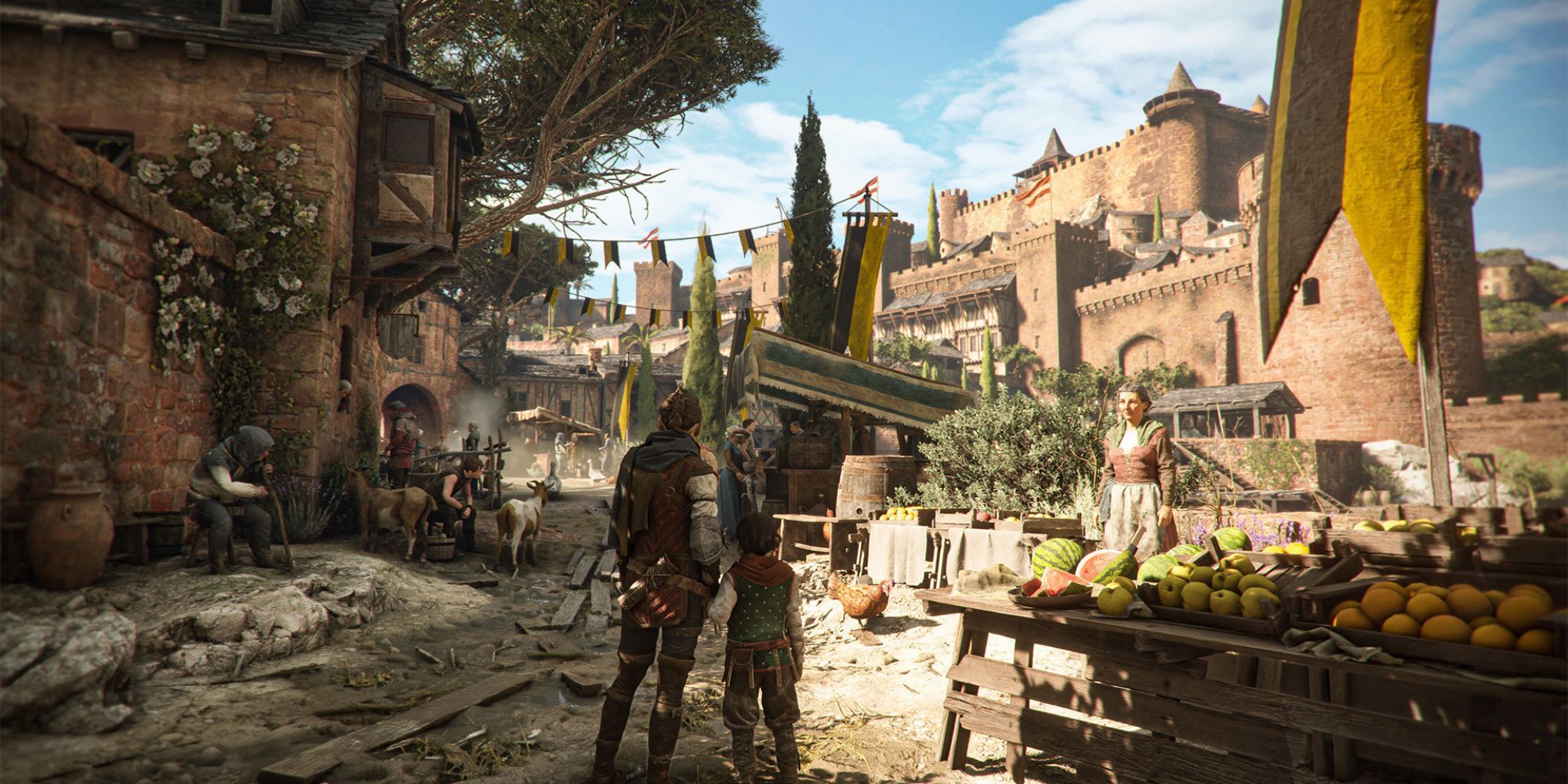 Amicia and Hugo Arrive At A Market In A Plague Tale Requiem