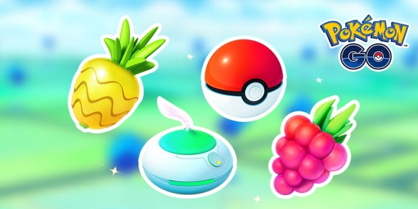 A selection of Pokemon Go items including a Poke Ball, Incense, and Berries