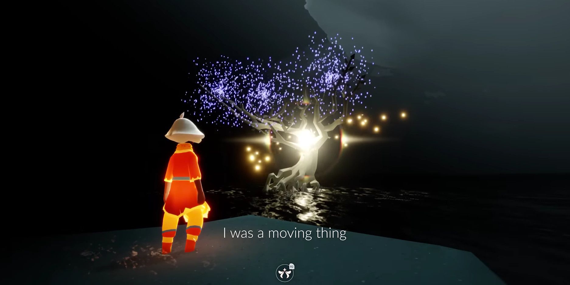 a sky avatar lookign at an etheral tree growing out of the dark water
