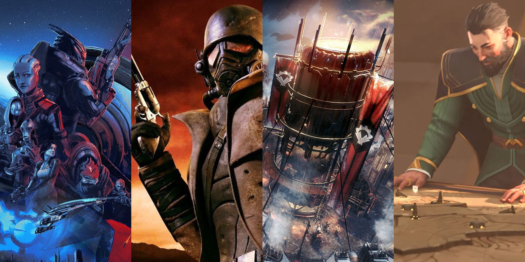 A Split Image Showing Scenes From Dune Spice Wars, Mass Effect, Frostpunk, and Fallout New Vegas