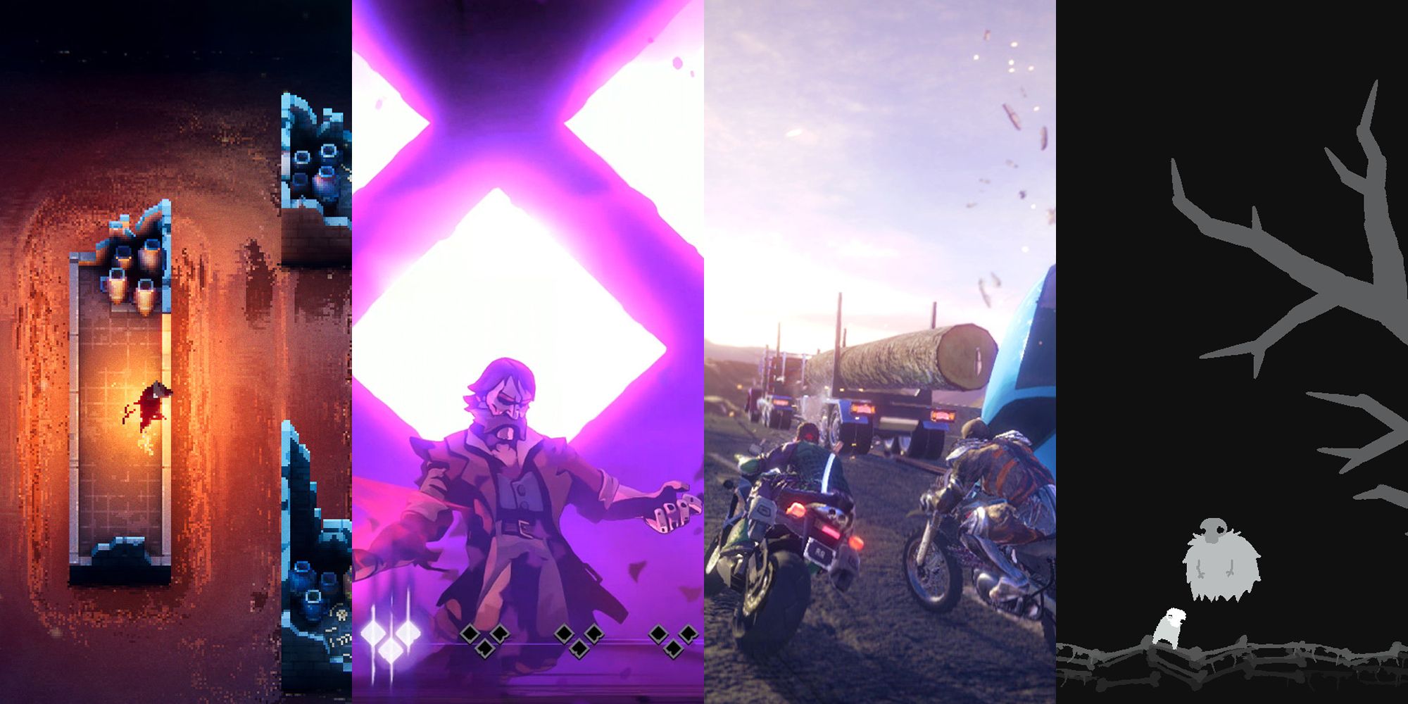 A Split Image Showing Scenes From Loot River, Gonner, Road Redemption, And Curse Of The Dead Gods