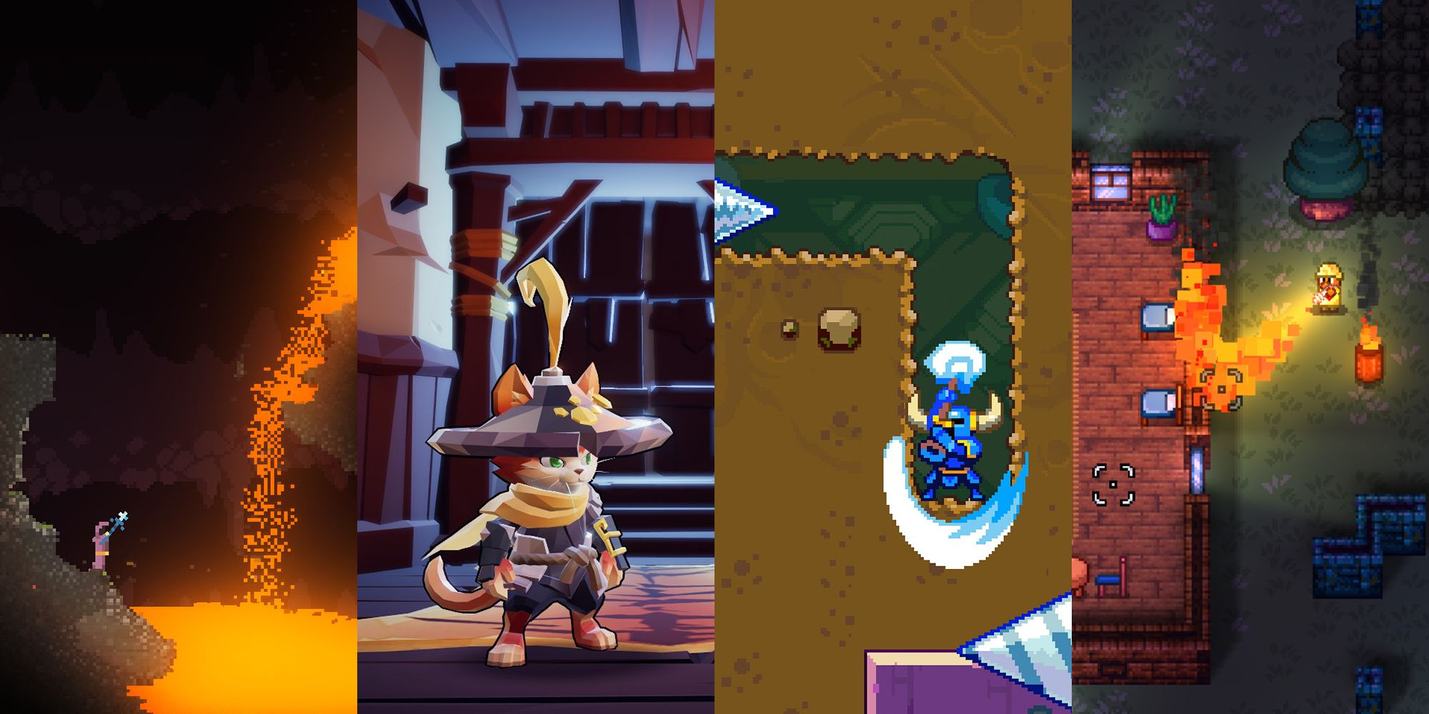 A Split Image Showing Scenes From Noita, Streets Of Rogue, Shovel Knight Dig, And Gunfire Reborn