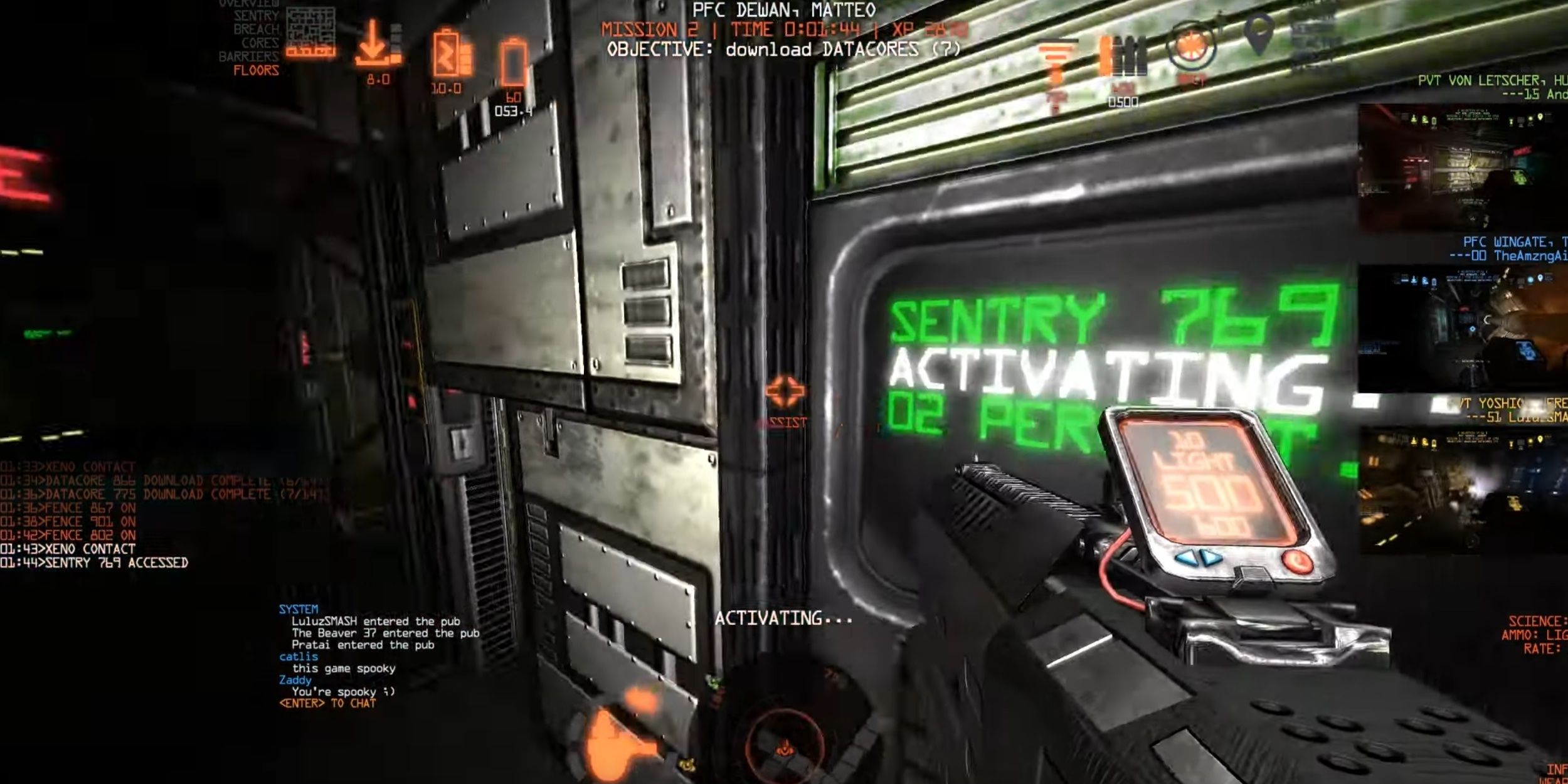 Activating a sentry gun. Once it reaches 100 percent, it will automatically fire upon approaching Space Beasts