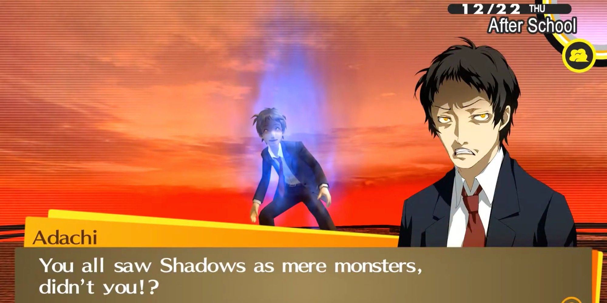 Adachi in blue flames stands against an strange orange sunset. A portrait of Adachi is in the bottom right of the screen. He asks about the shadows being monsters - Persona 4