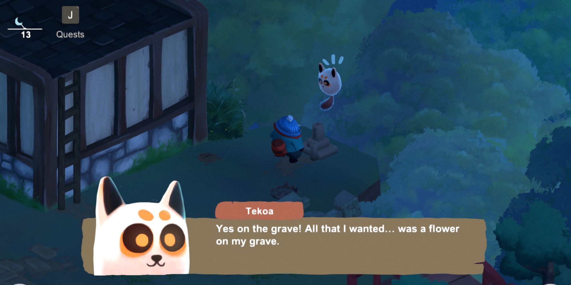 Tekoa hovering over gravestone, asking Aka for a flower