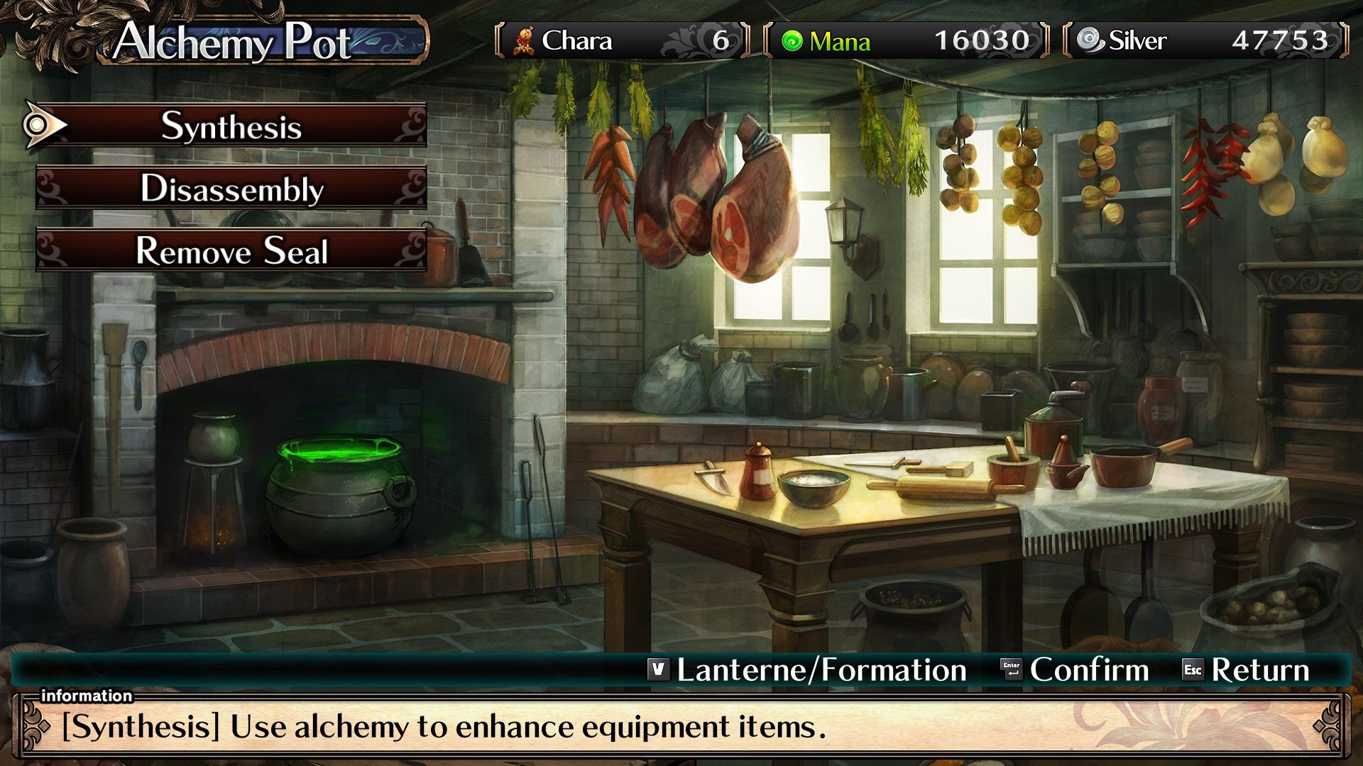 The player looks through their alchemy options in Labyrinth Of Galleria: The Moon Society.