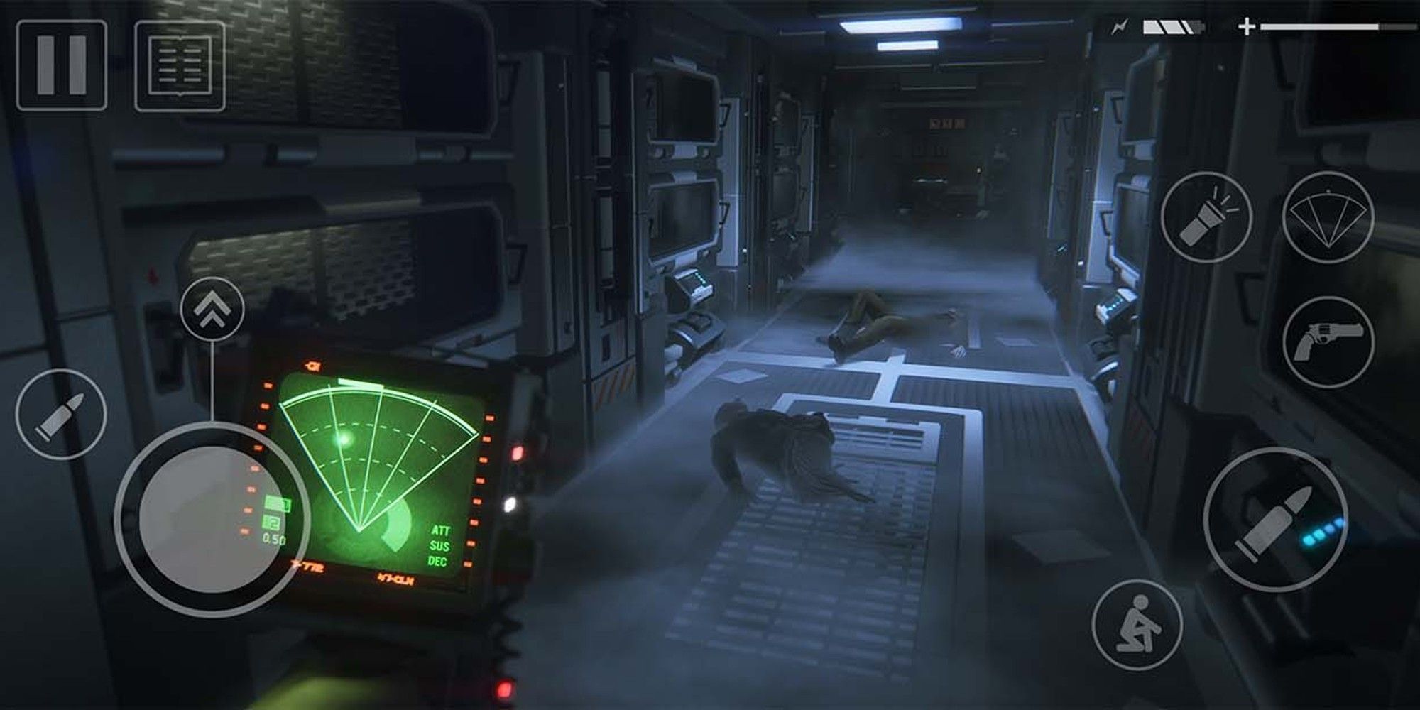 Alien Isolation on Mobile - player showing device and gameplay with dead bodies down corridor