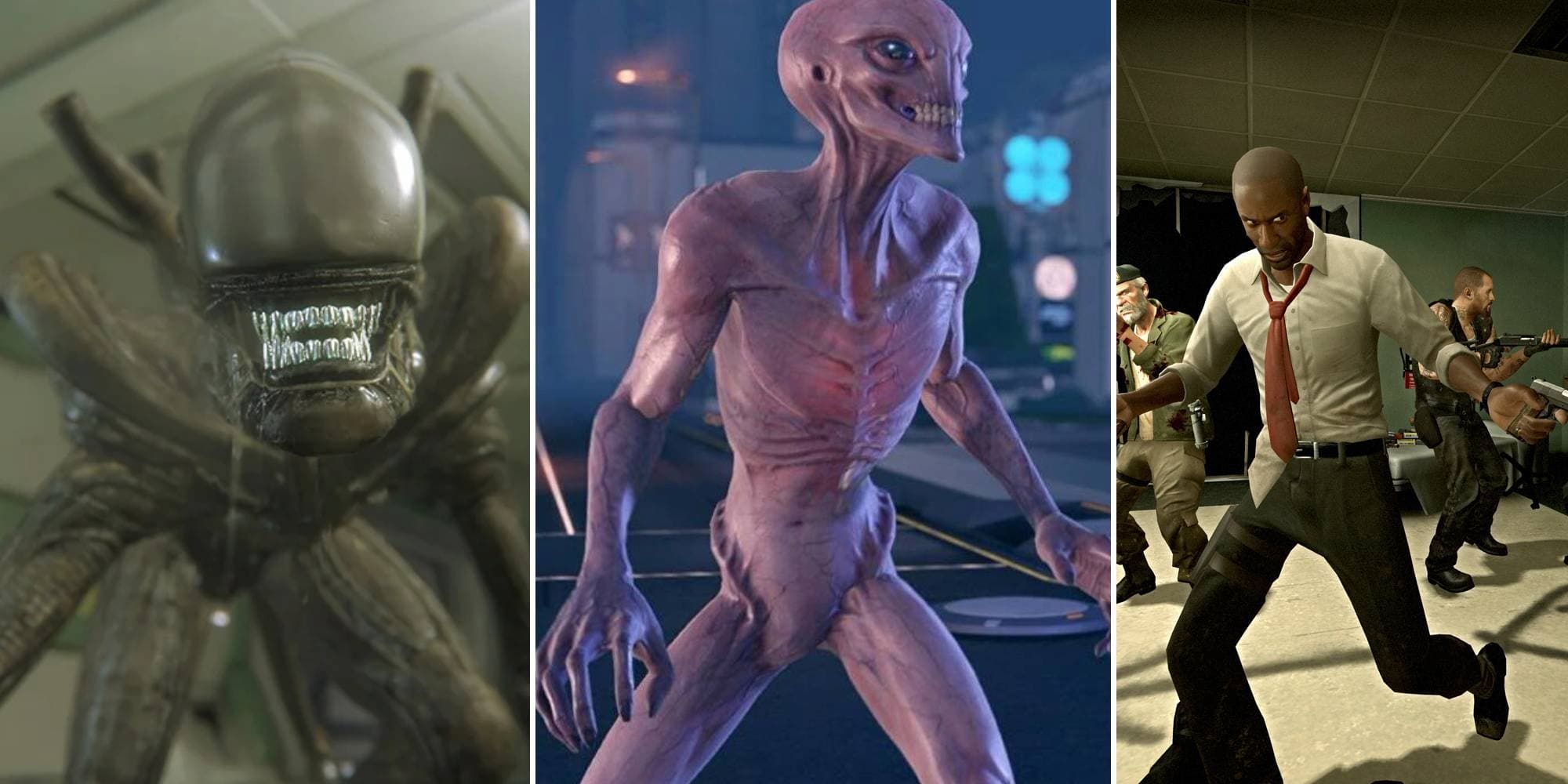 The Xenomorph in Alien Isolation, an alien in XCOM 2, and a group fighting zombies in Left 4 Dead.