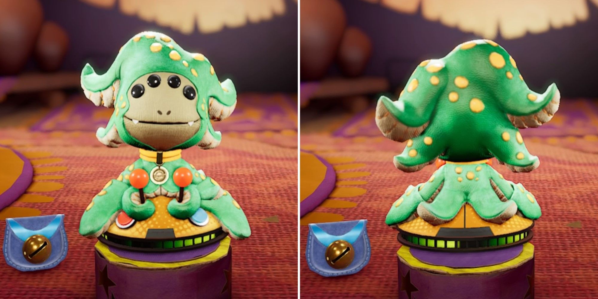 Two screenshots of the Alien Lifeform Costume from Sackboy: A Big Adventure.