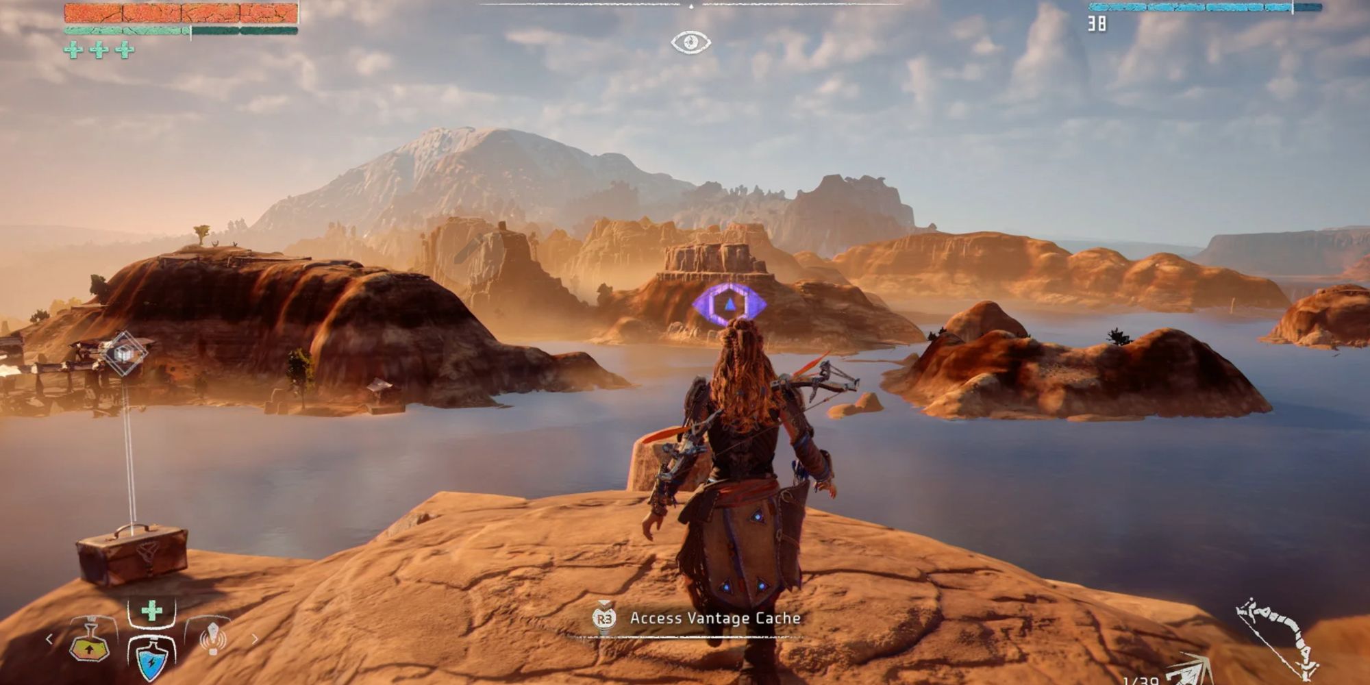Aloy standing next to a vantage point on a cliff overlooking Lake Powell in Horizon Zero Dawn