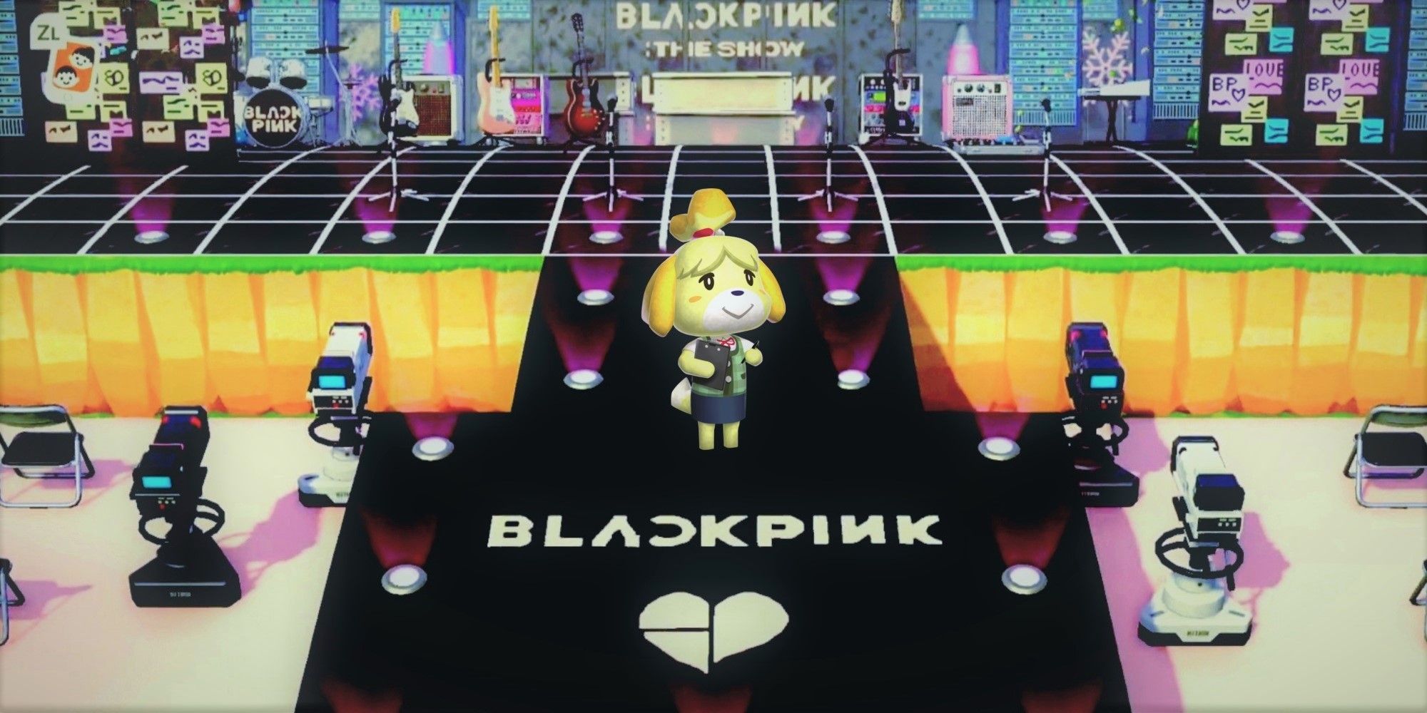 Animal Crossing: New Horizons' Isabelle standing on the concert stage of Blackpink's island