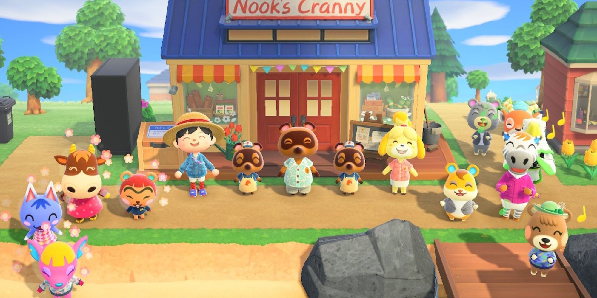 Villagers outside Nook's Cranny in Animal Crossing New Horizons.