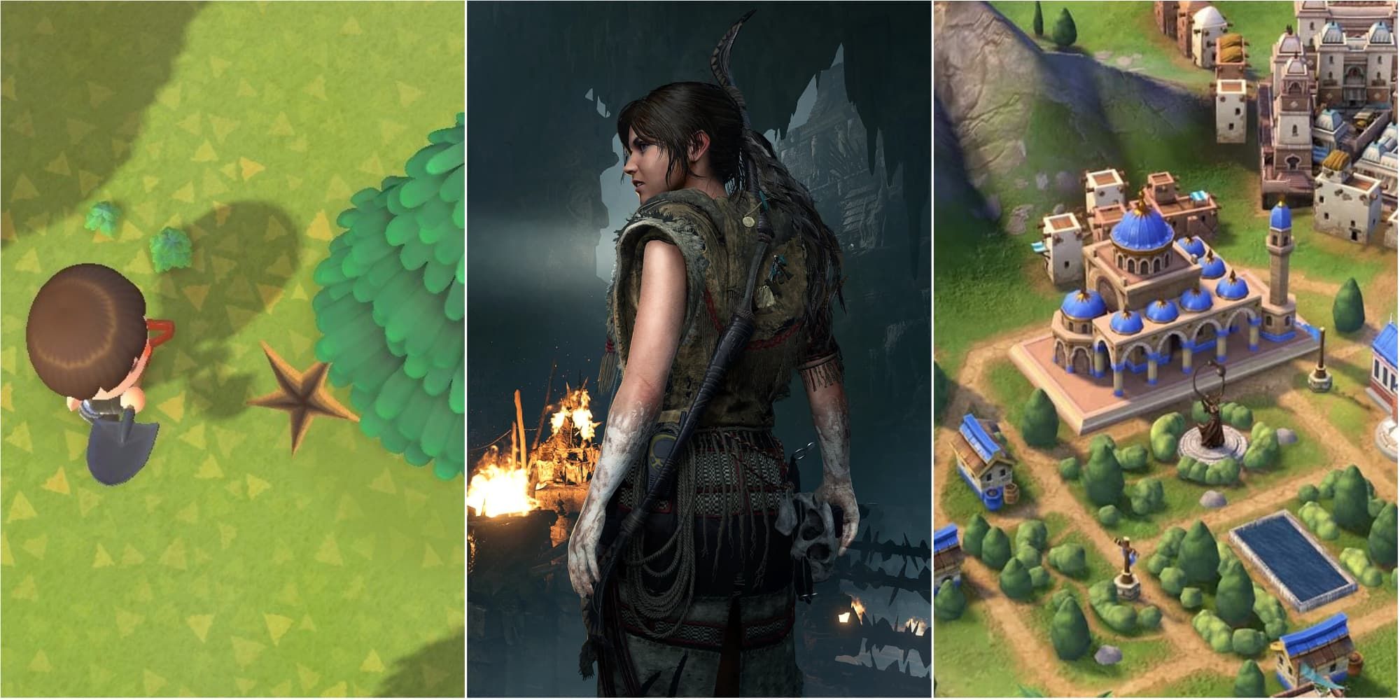 A villager approaches a dig spot in Animal Crossing, Lara Croft looks over her shoulder with a fire going in the background in Tomb Raider, and a city center stands tall with Indian architecture in Civilization VI.