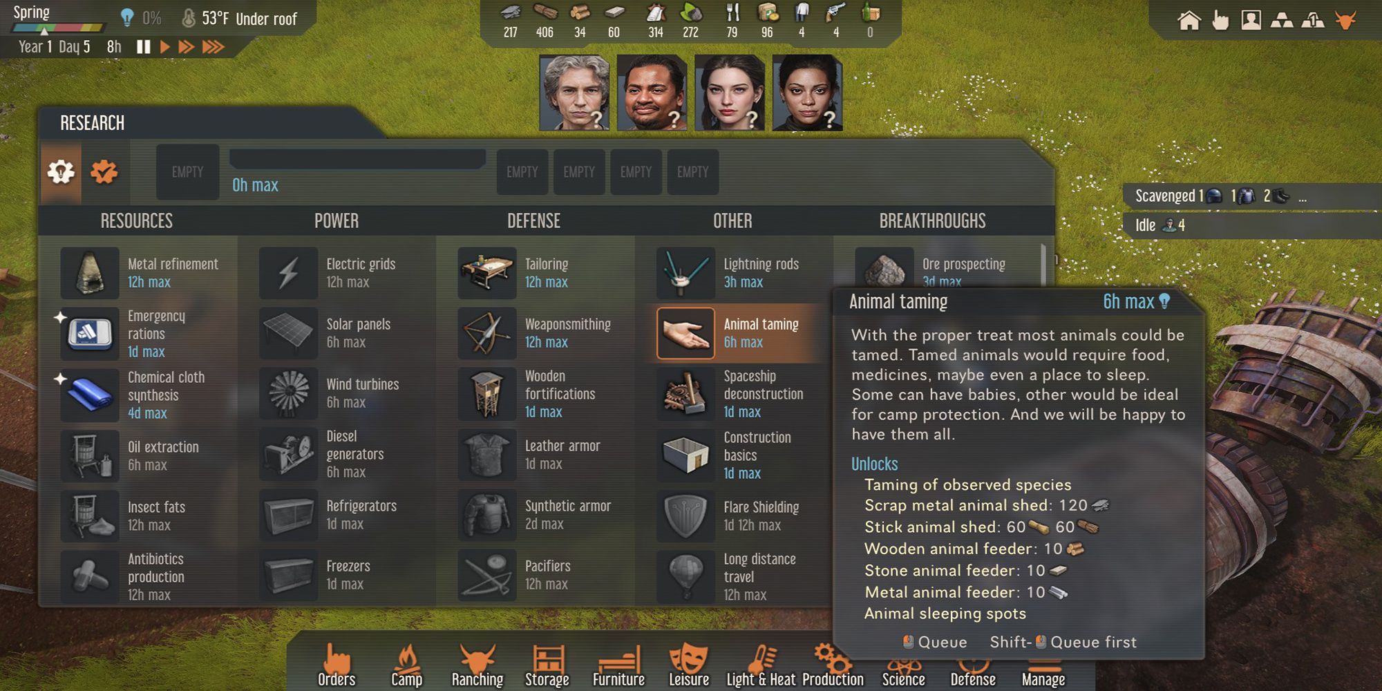 The Animal Taming research task, as viewed in Stranded: Alien Dawn's research menu.