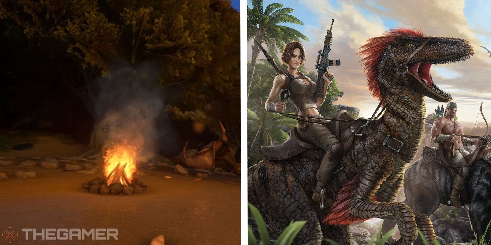 image of campfire next to image of promotional art for ark survival evolved