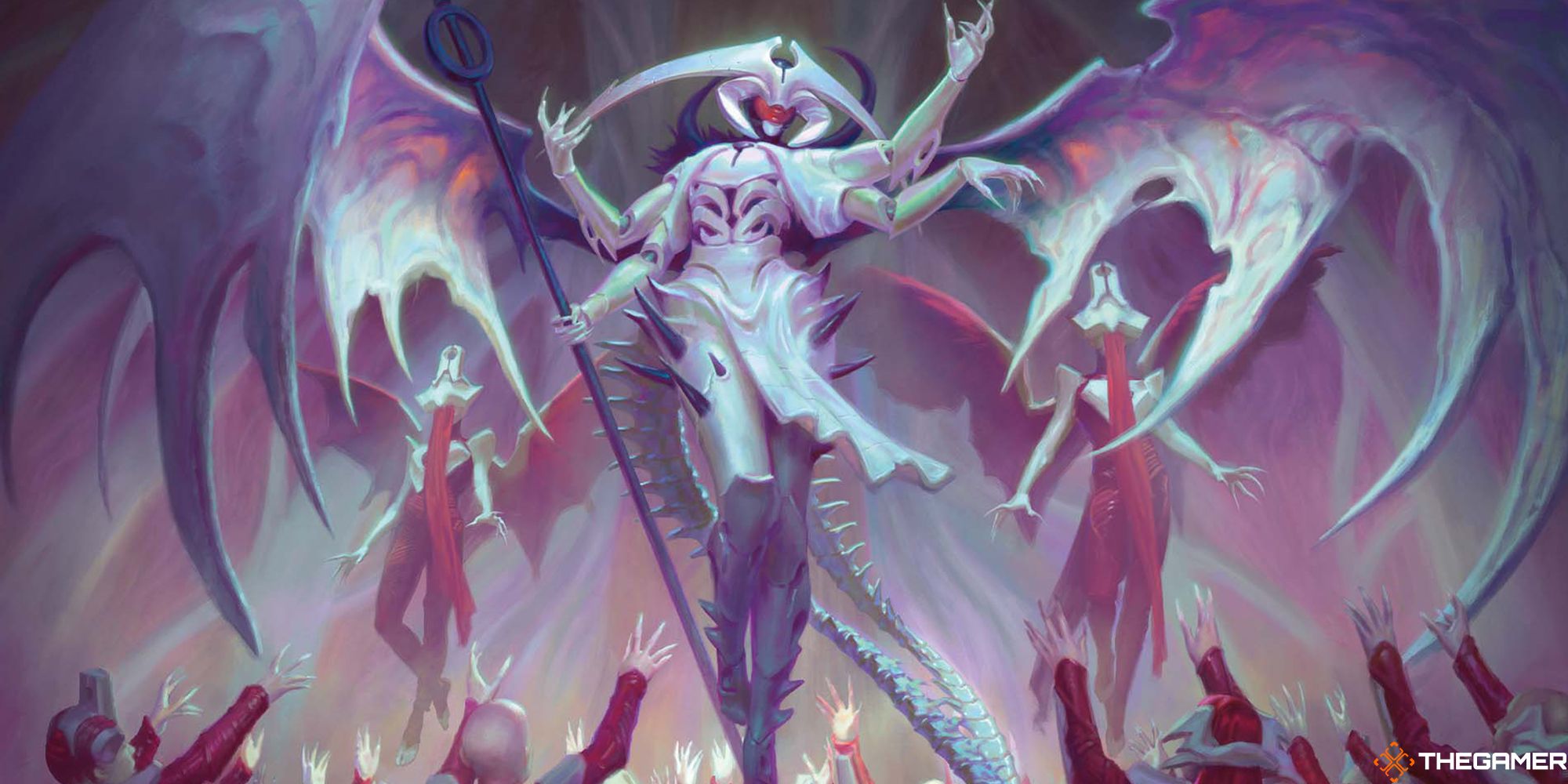 Atraxa, a compleated Phyrexian Angel flying above adoring crowds of Phyrexians.