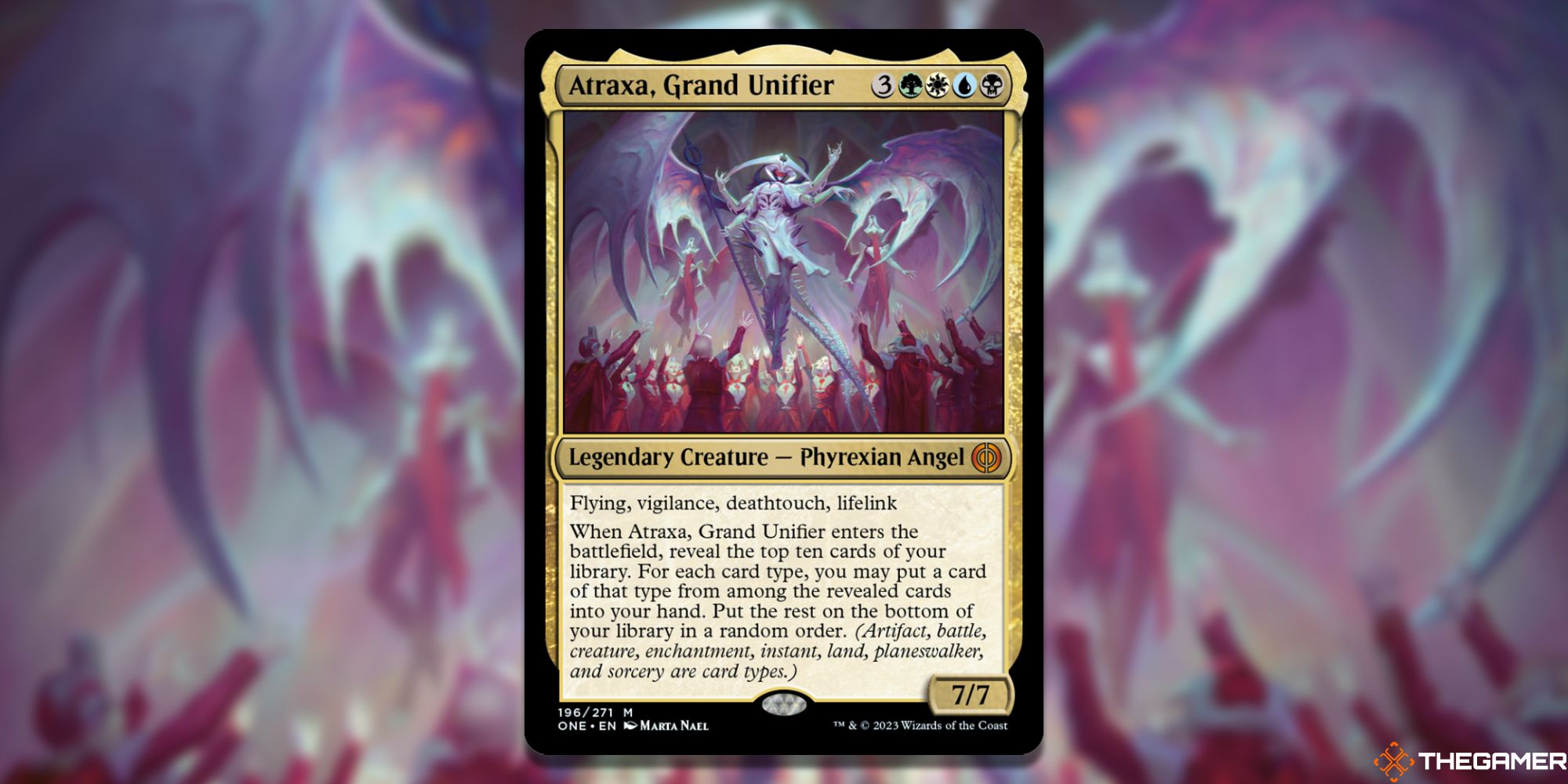 Image of the Atraxa, Grand Unifier card in Magic: The Gathering, with art by Marta Nael