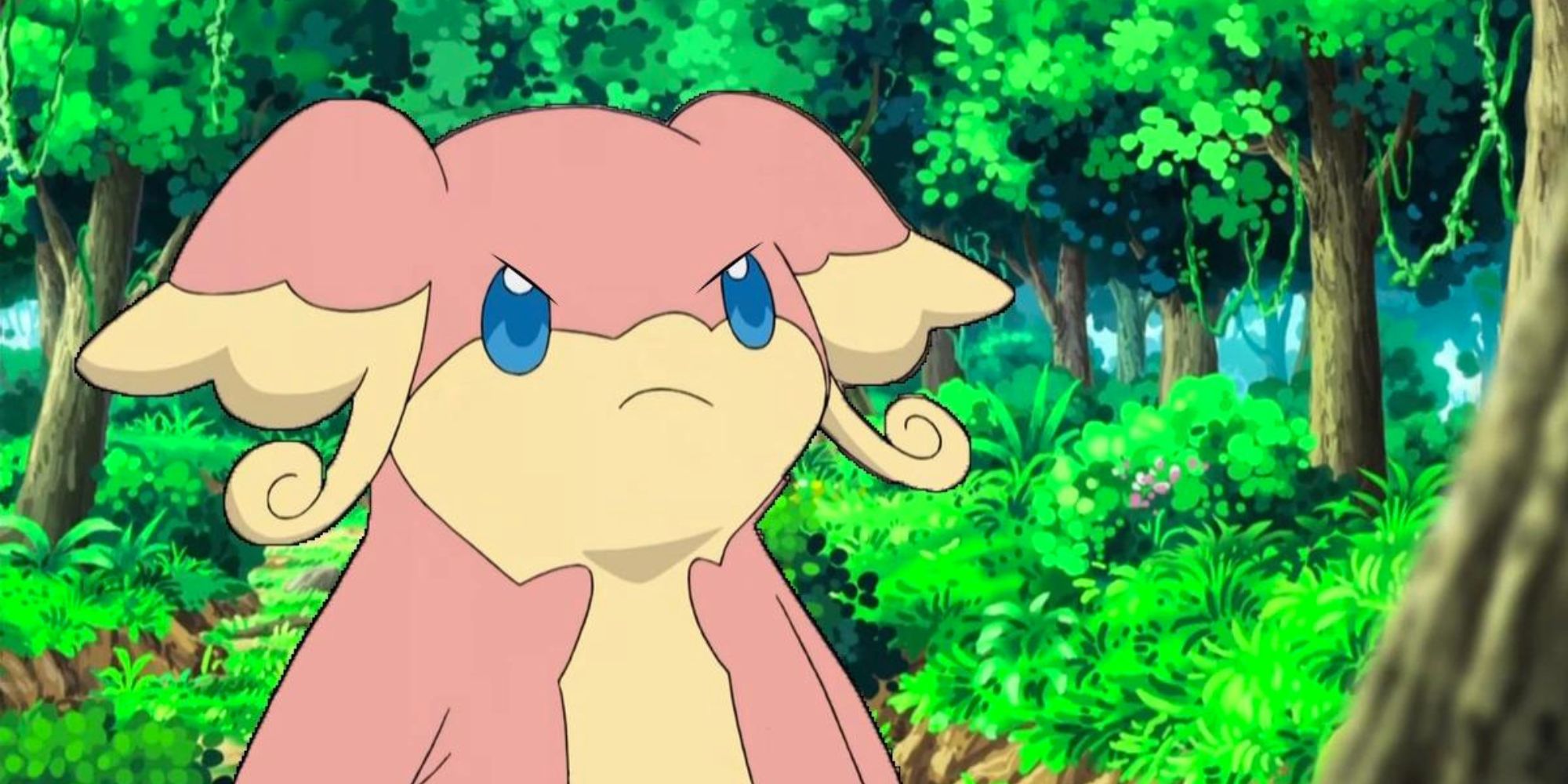 Audino stares angrily in a lush jungle