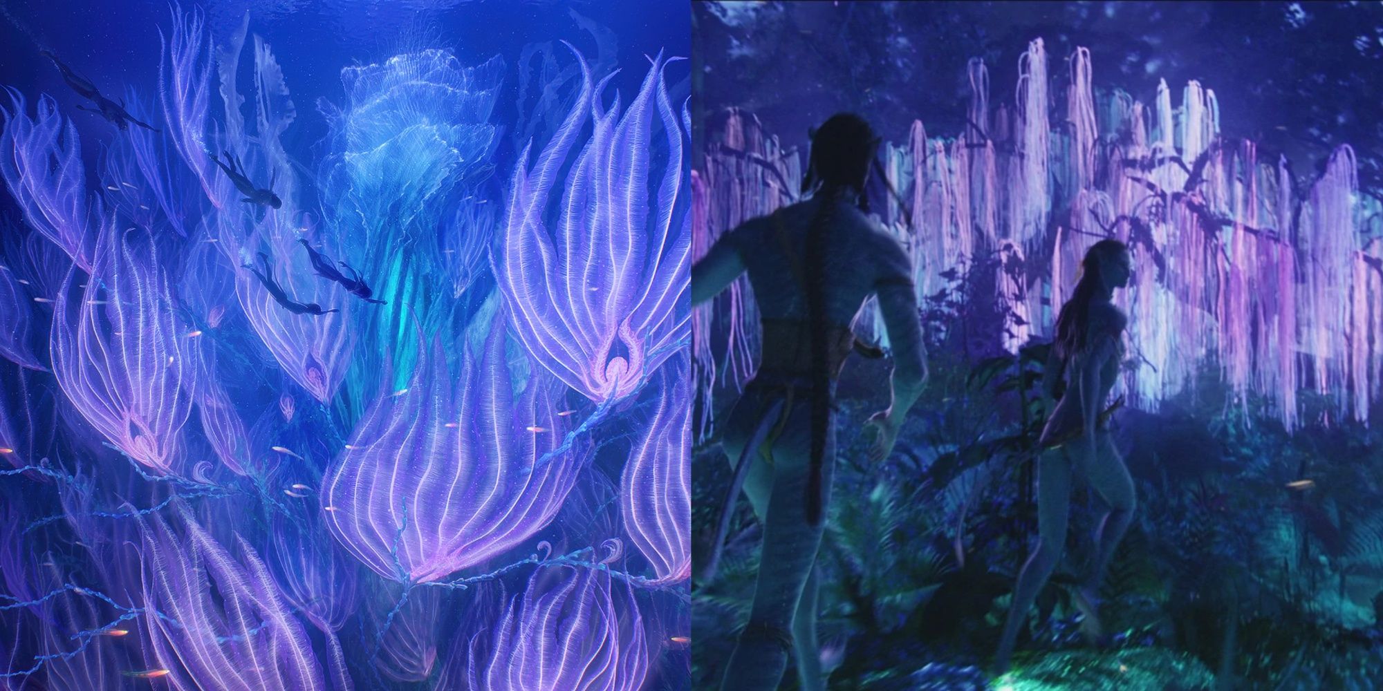 Screenshots of Na'vi swimming toward the Spirit Tree in Avatar: The Way of Water (left), and Na'vi running toward the Tree of Souls in Avatar (right)