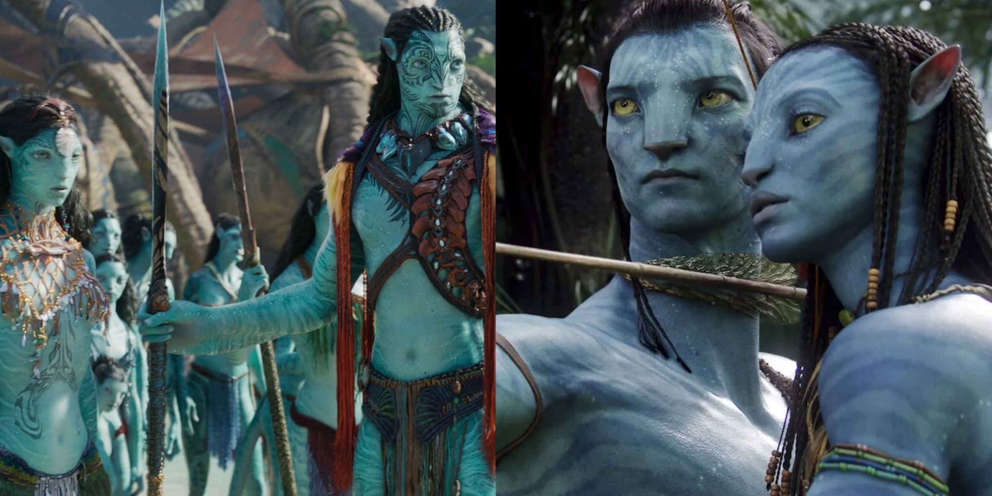Screenshot of the water Na'vi Tonowari and Rowal from Avatar: The Way Of Water (left), and Jake Sully and Neytiri from Avater (right)