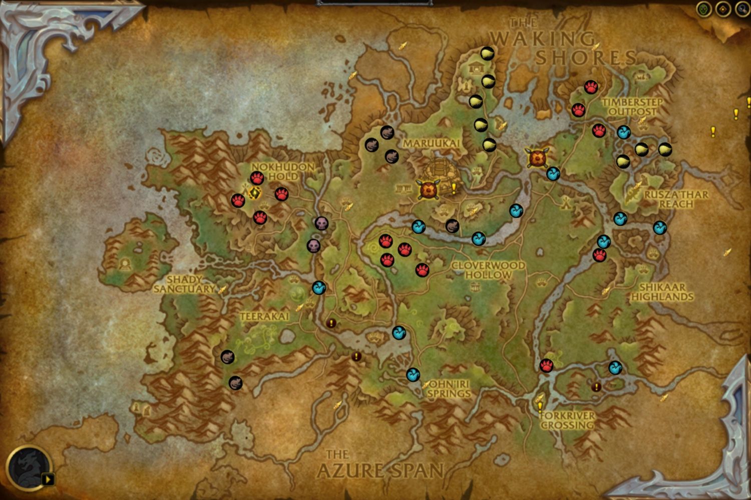 In-game map depicting the Ohn'ahran Plains with battle pet location icons.