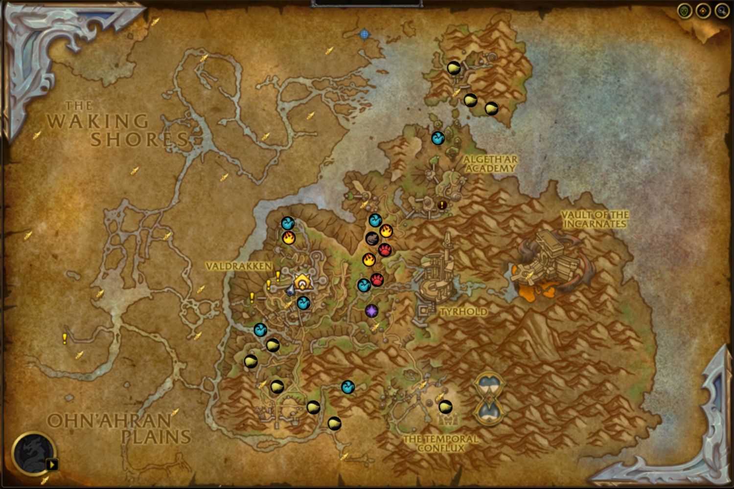 In-game map depicting Thaldraszus with battle pet location icons.