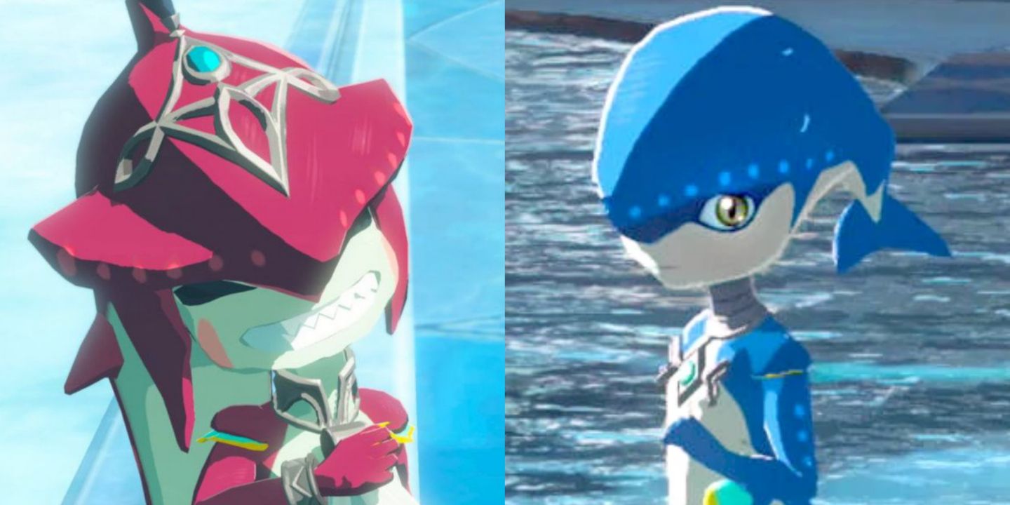 Split image screenshots of baby Sidon grinning and a baby Zora NPC in Breath of the Wild.