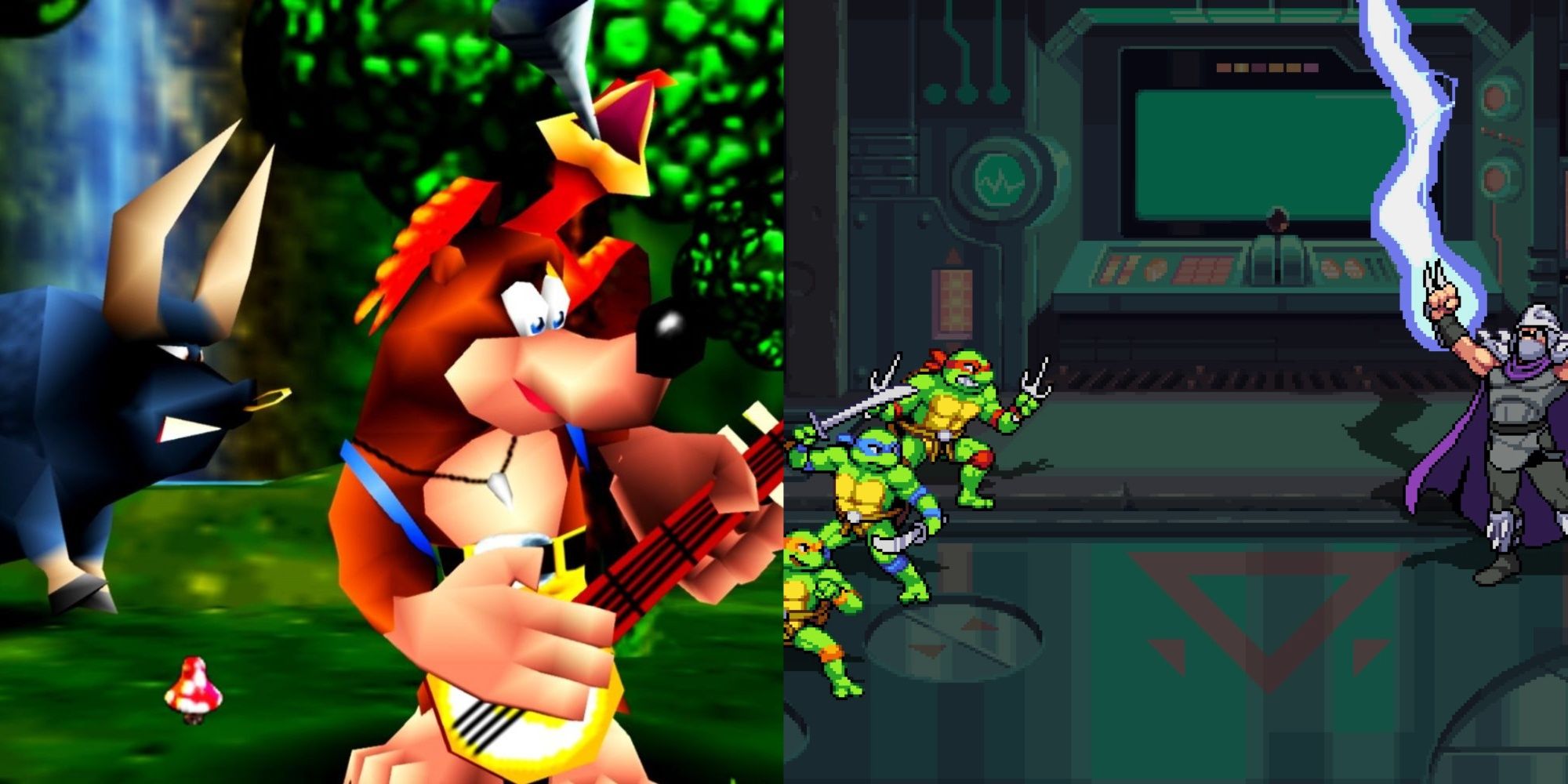 Banjo and Kazooie from the intro of Banjo-Kazooie and the Turtles fighting off against Shredder in TMNT Shredders Revenge (1)