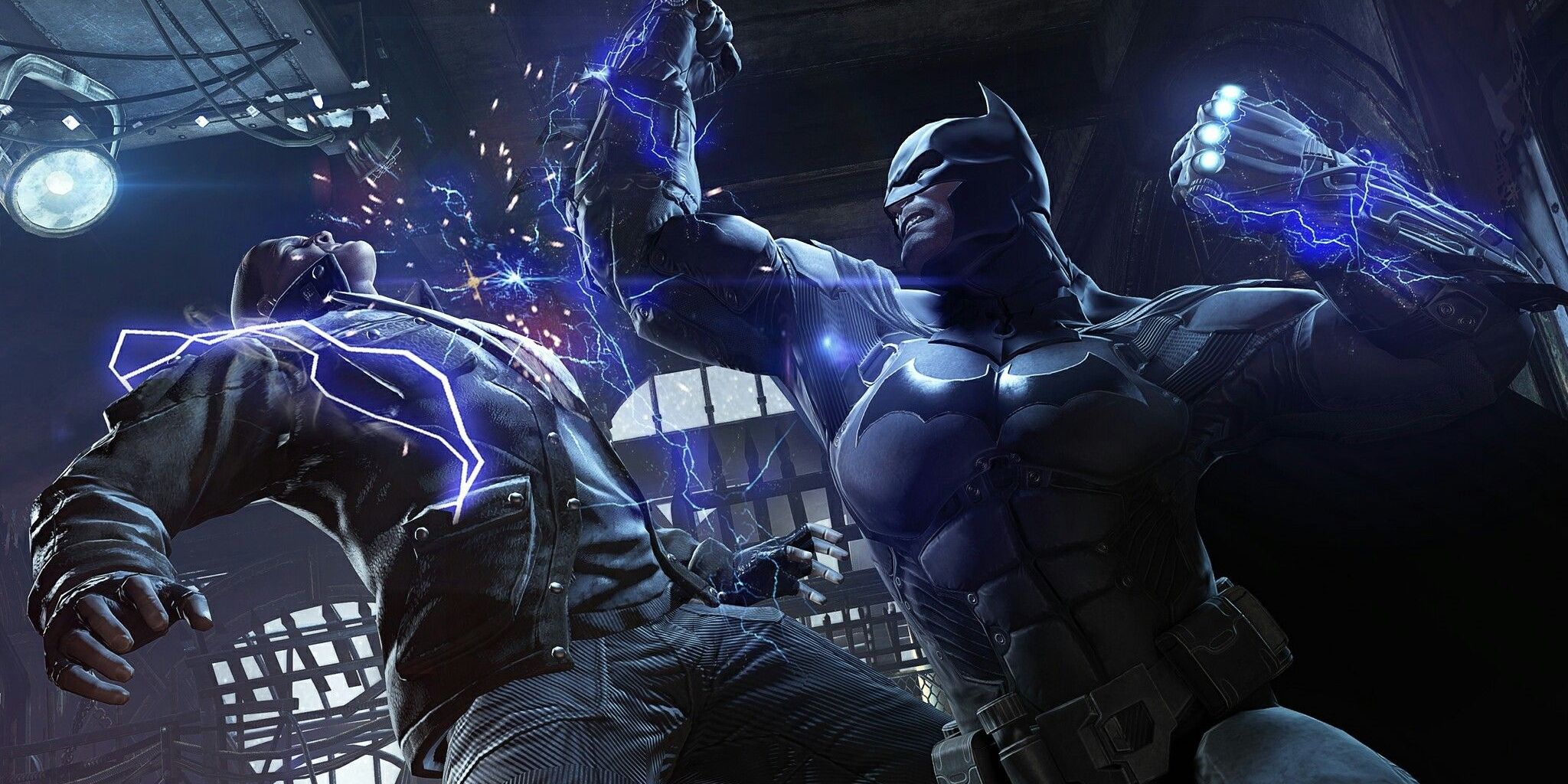 Batman punching thug with shock gloves in Arkham Origins.