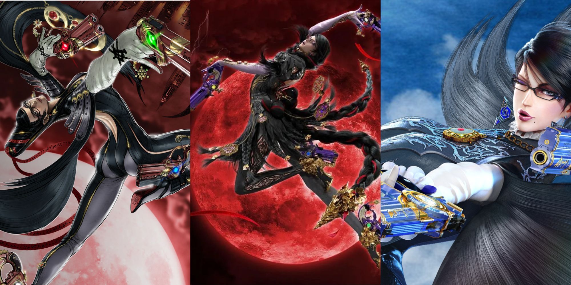 Split image of different Bayonetta poses.