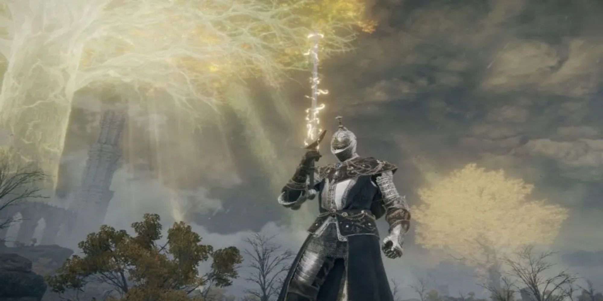 A Tarnished Knight holding a Holy Infused Sword in Elden Ring.