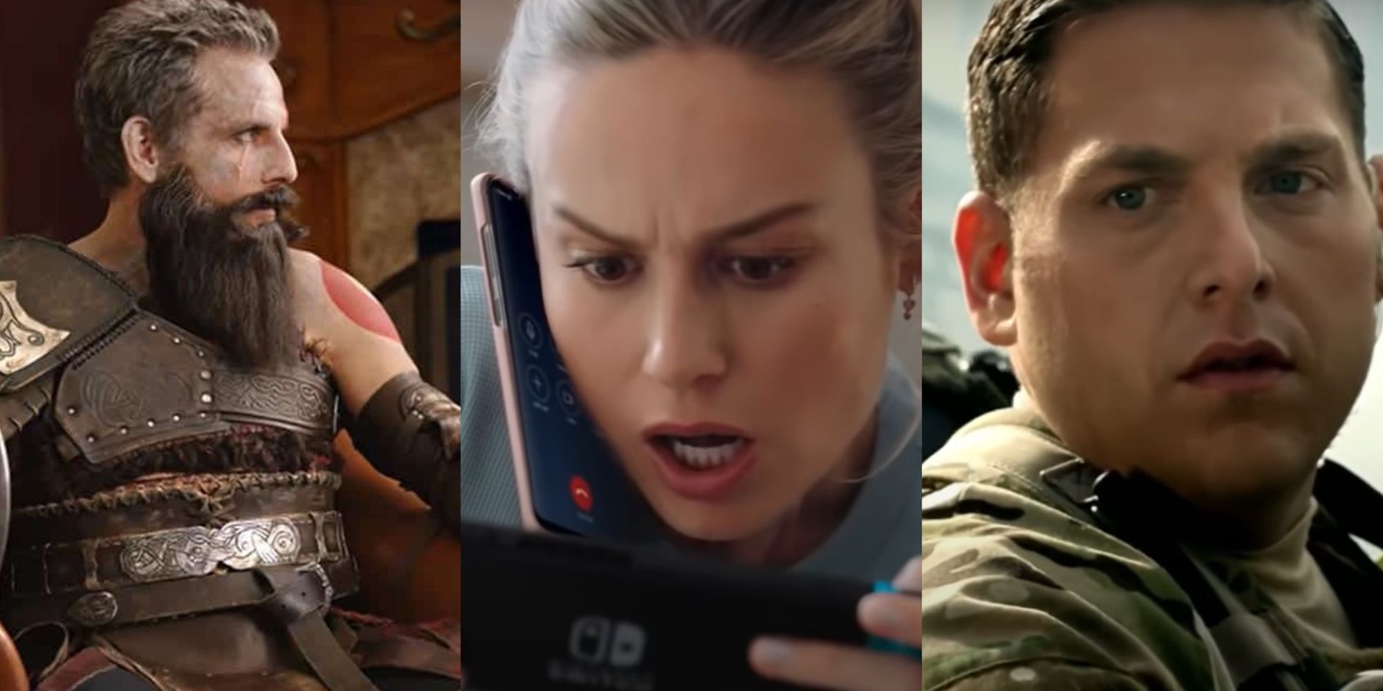 Composite of Ben Stiller (God of War), Brie Larson (Nintendo Switch), and Jonah Hill (Call of Duty: Black Ops) in video game commercials