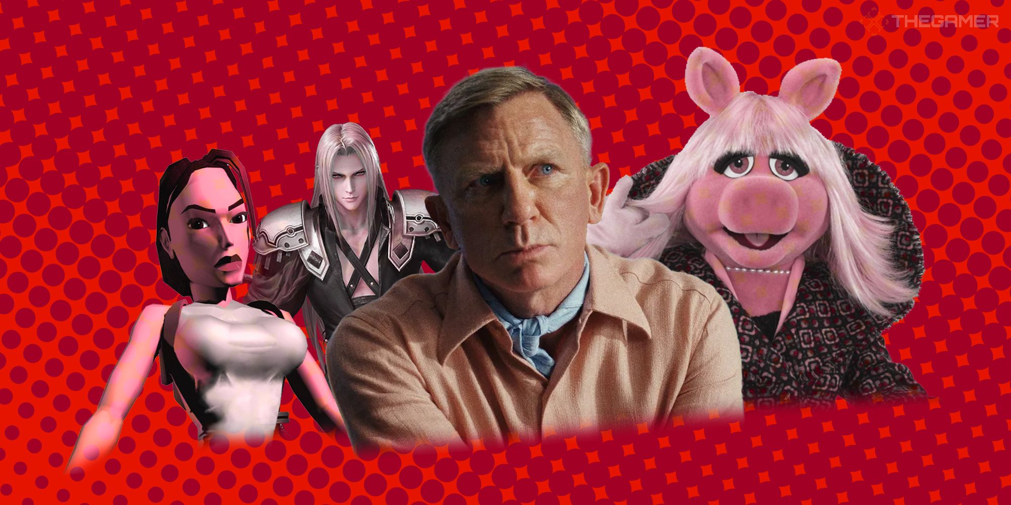 Benoit Blanc with Lara Croft, Sephiroth, and Miss Piggy