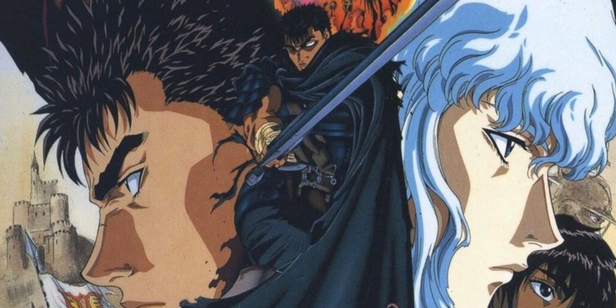 Two rivals from the Berserk anime face off in opposite directions, with another character pointing a sword between them.