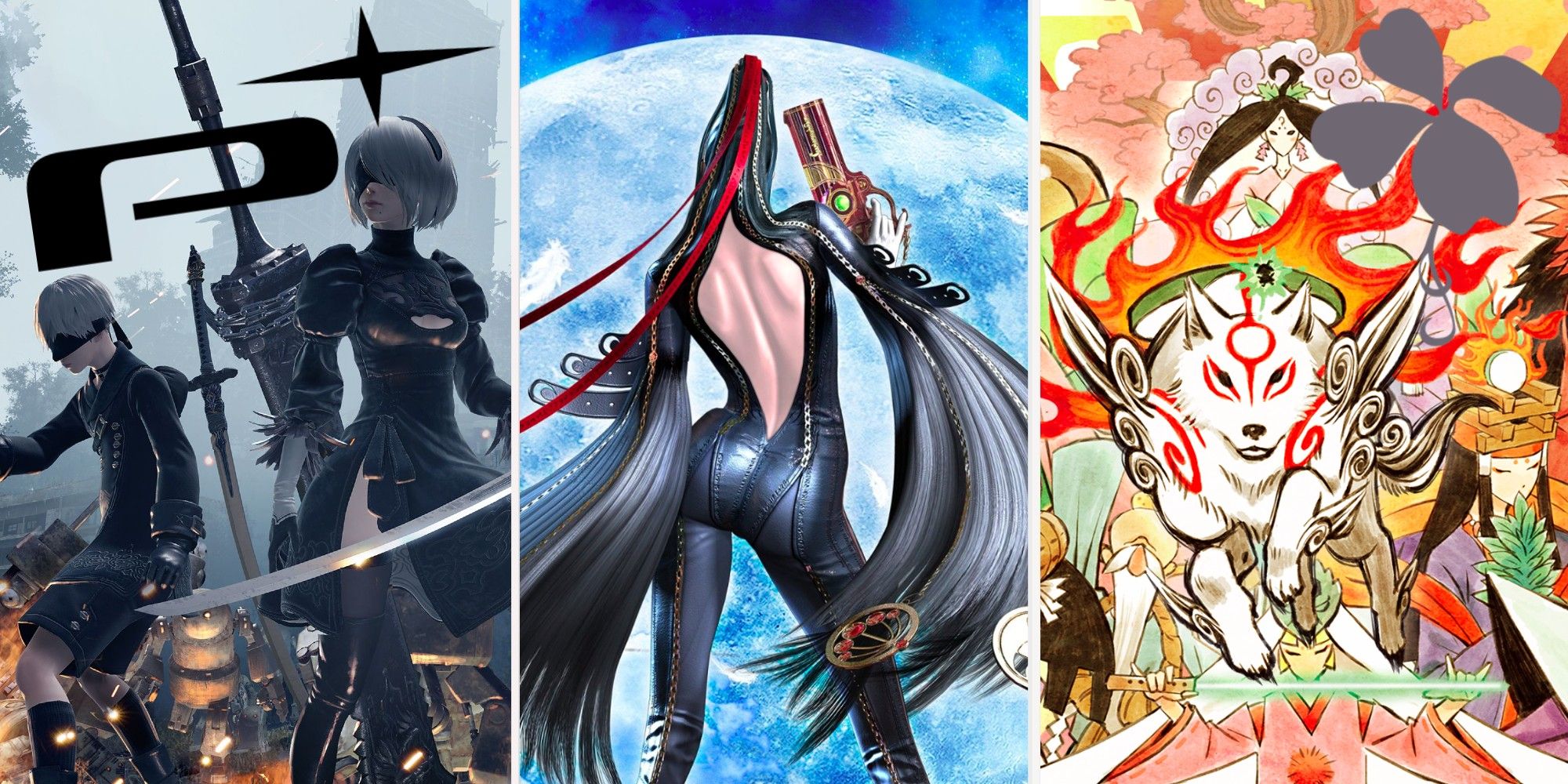 Best Clover and Platnium games featured Image - Nier Automata, Bayonetta, and Okami